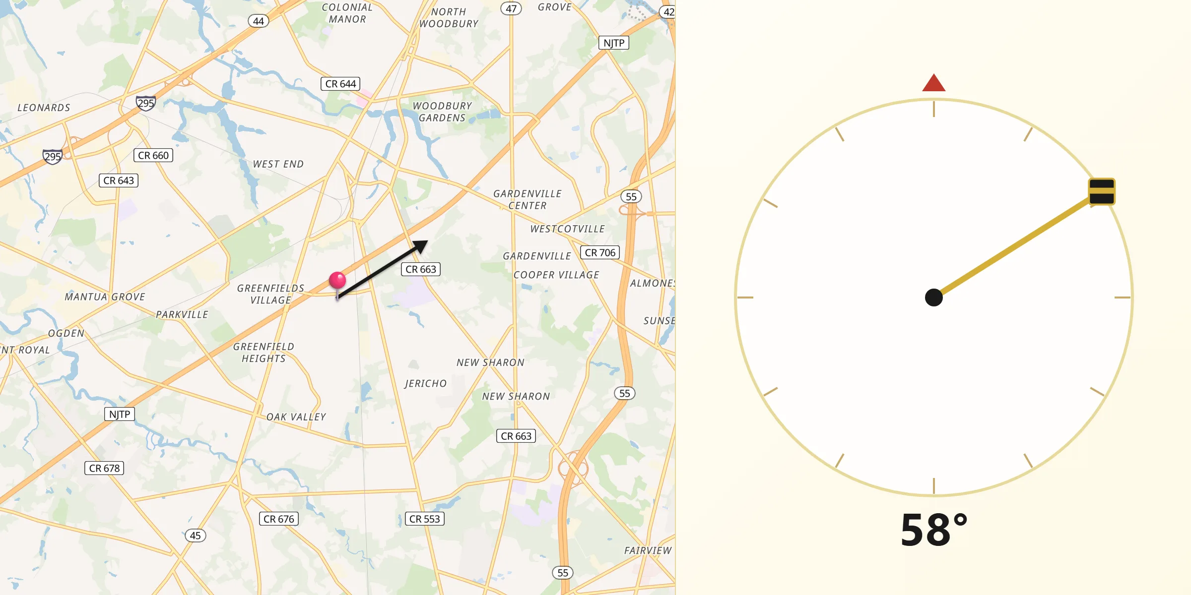 Qibla Direction from Woodbury Heights