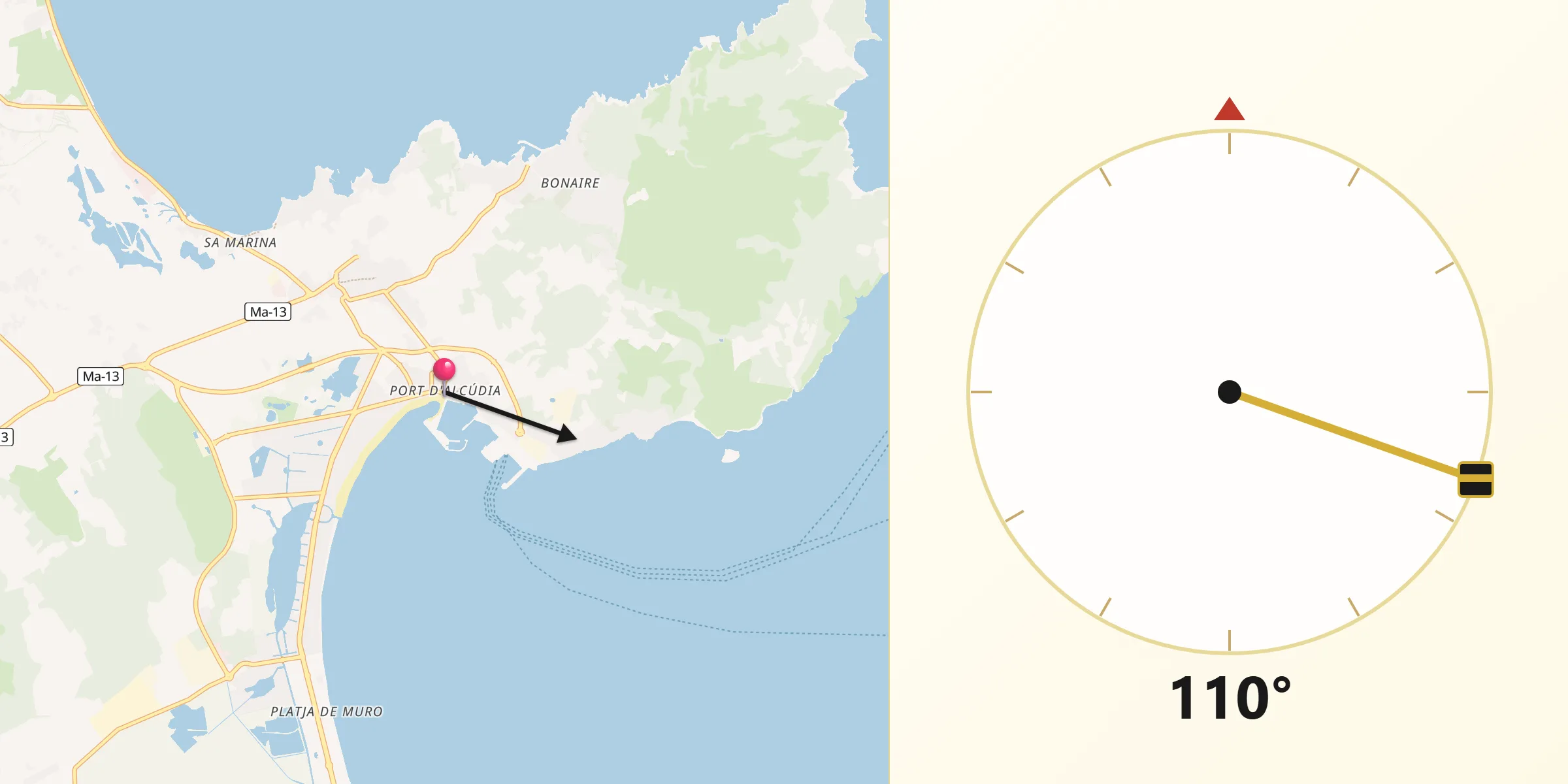 Dirección de la Qibla desde Port d'Alcúdia