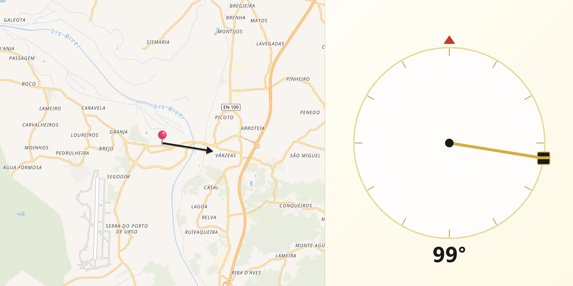 Direção da Qibla a partir de Monte Real