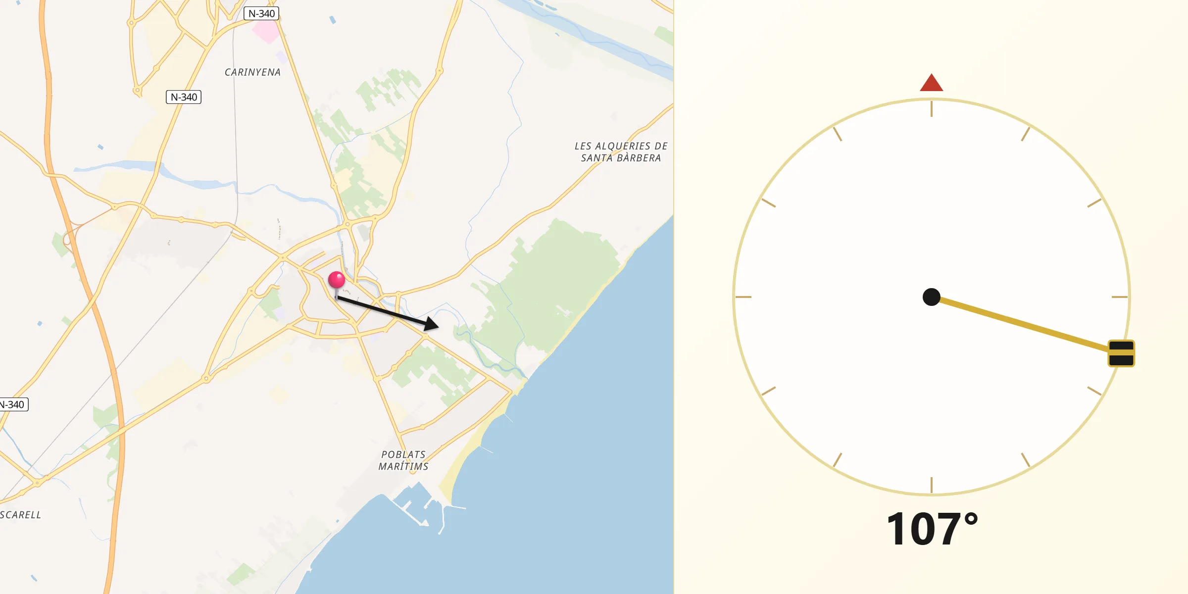 Dirección de la Qibla desde Burriana