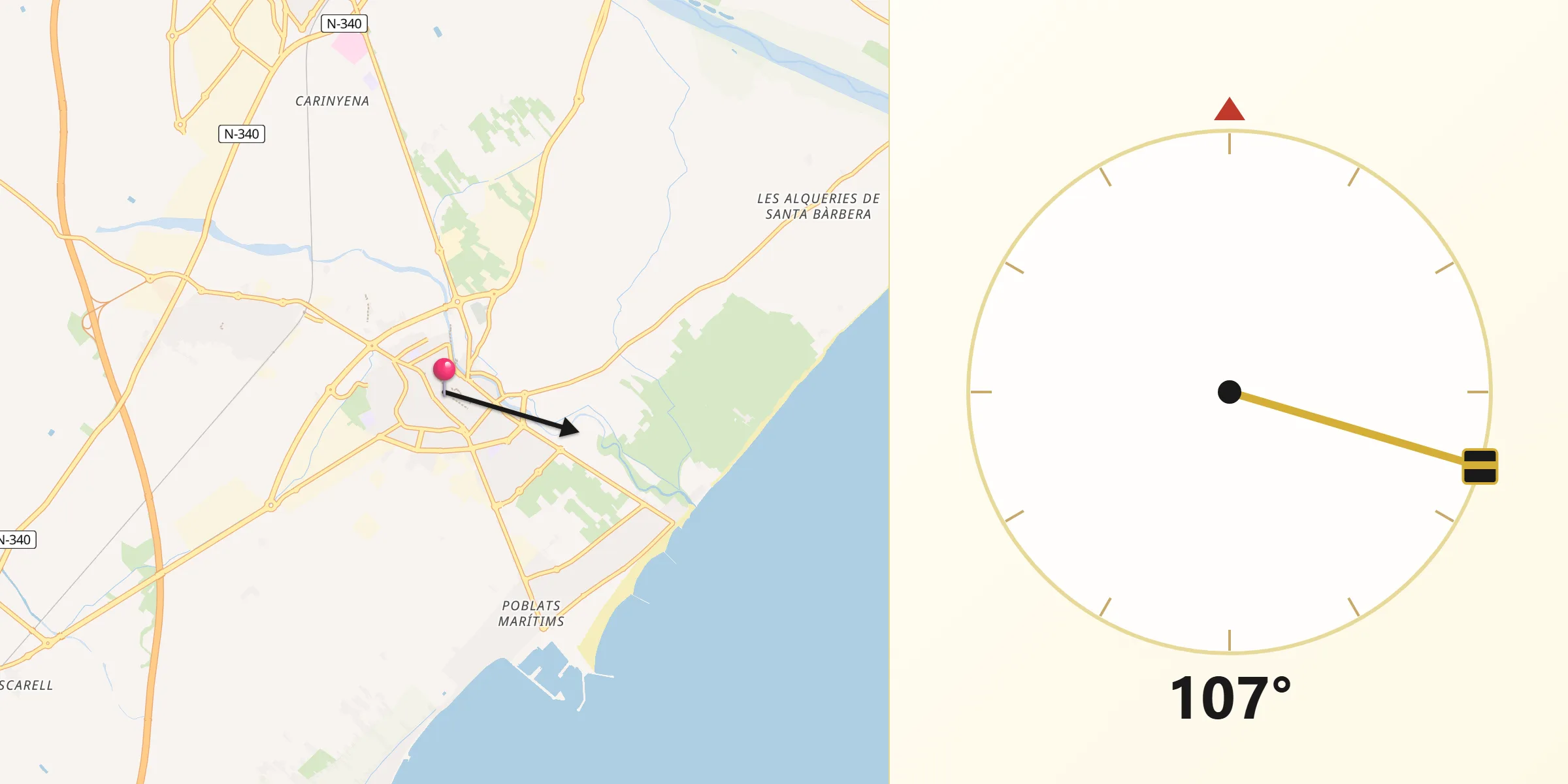 Dirección de la Qibla desde Borriana/Burriana