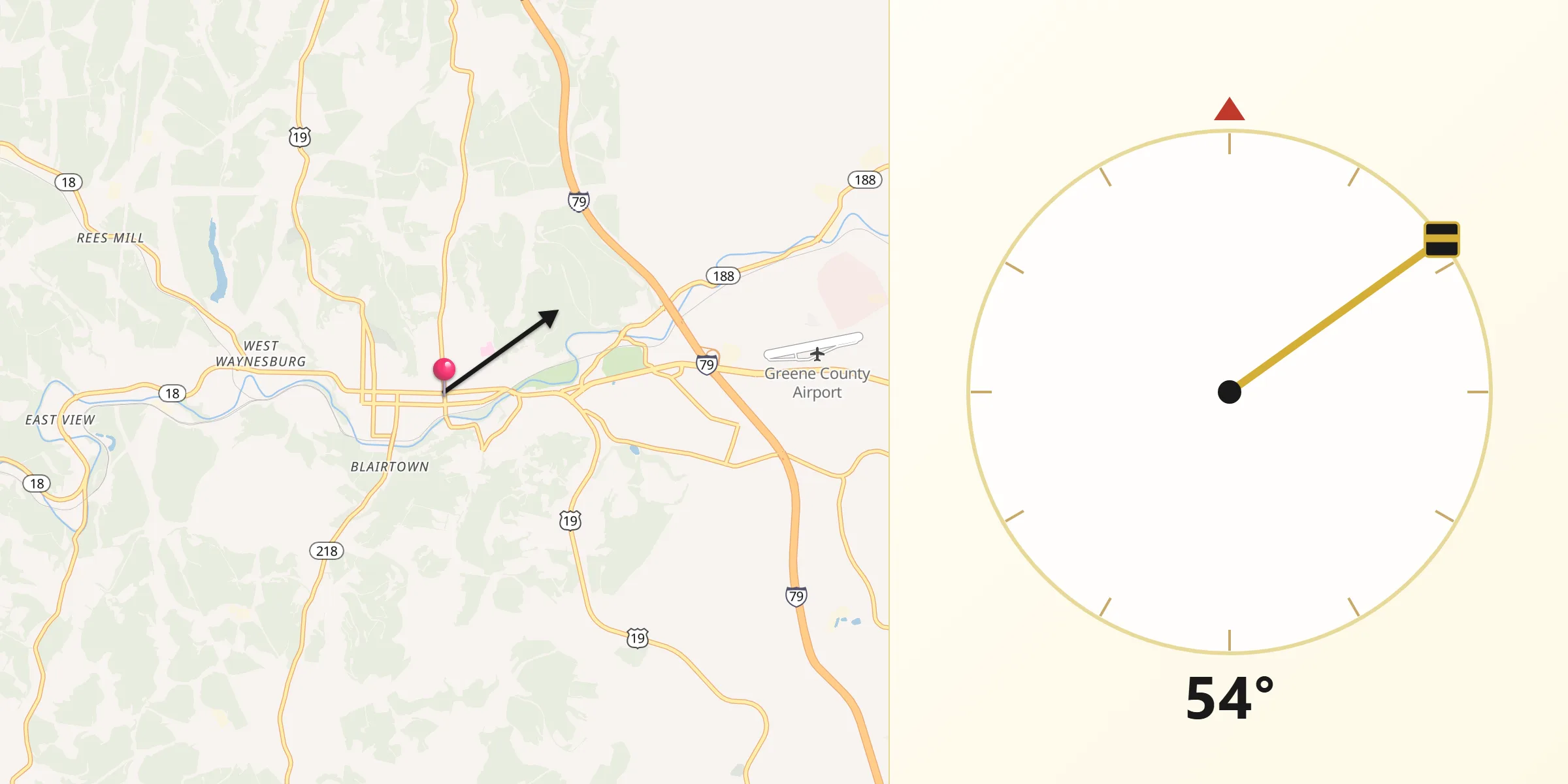 Qibla Direction from Waynesburg