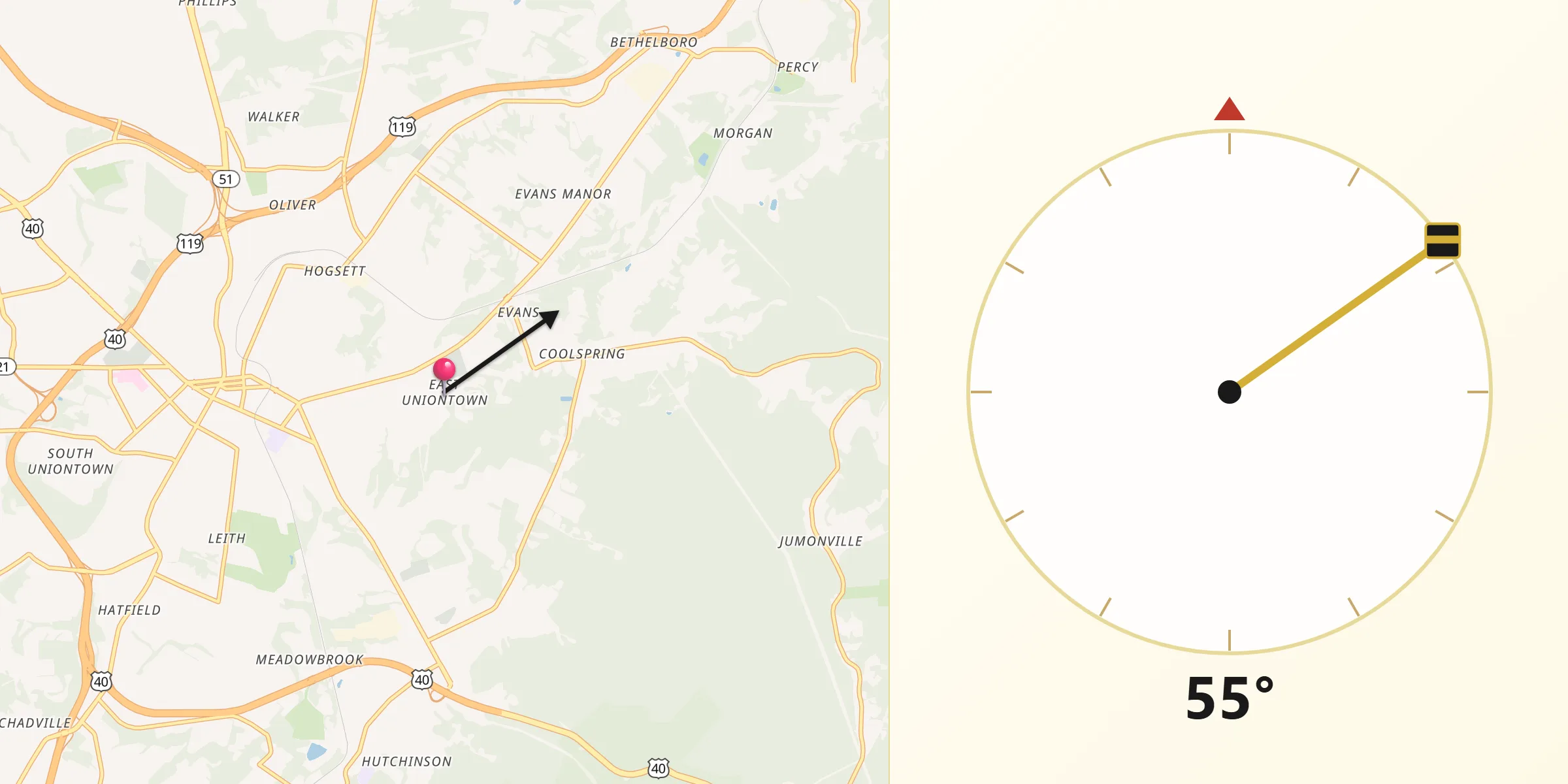 Qibla Direction from East Uniontown