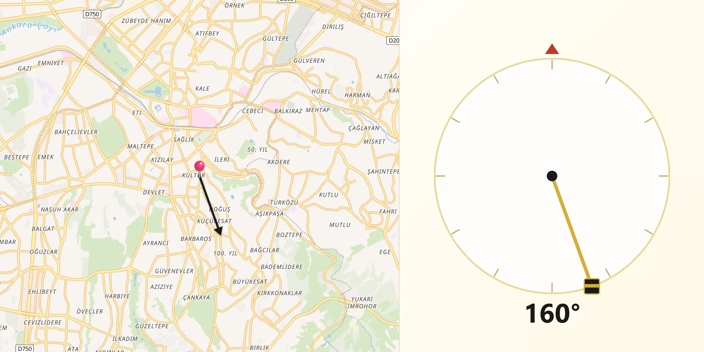 Direction vers la Qibla depuis Çankaya