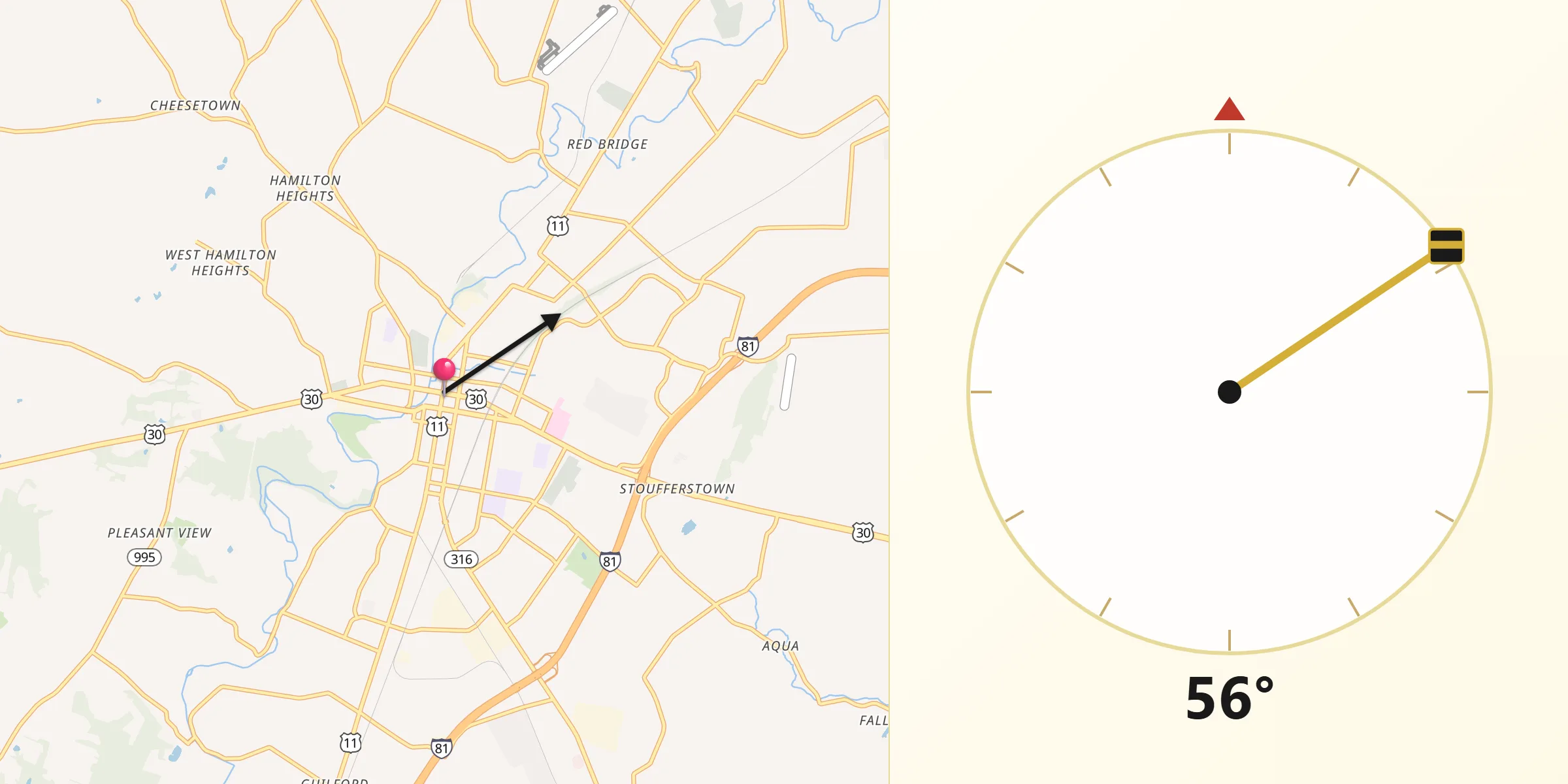 Qibla Direction from Chambersburg