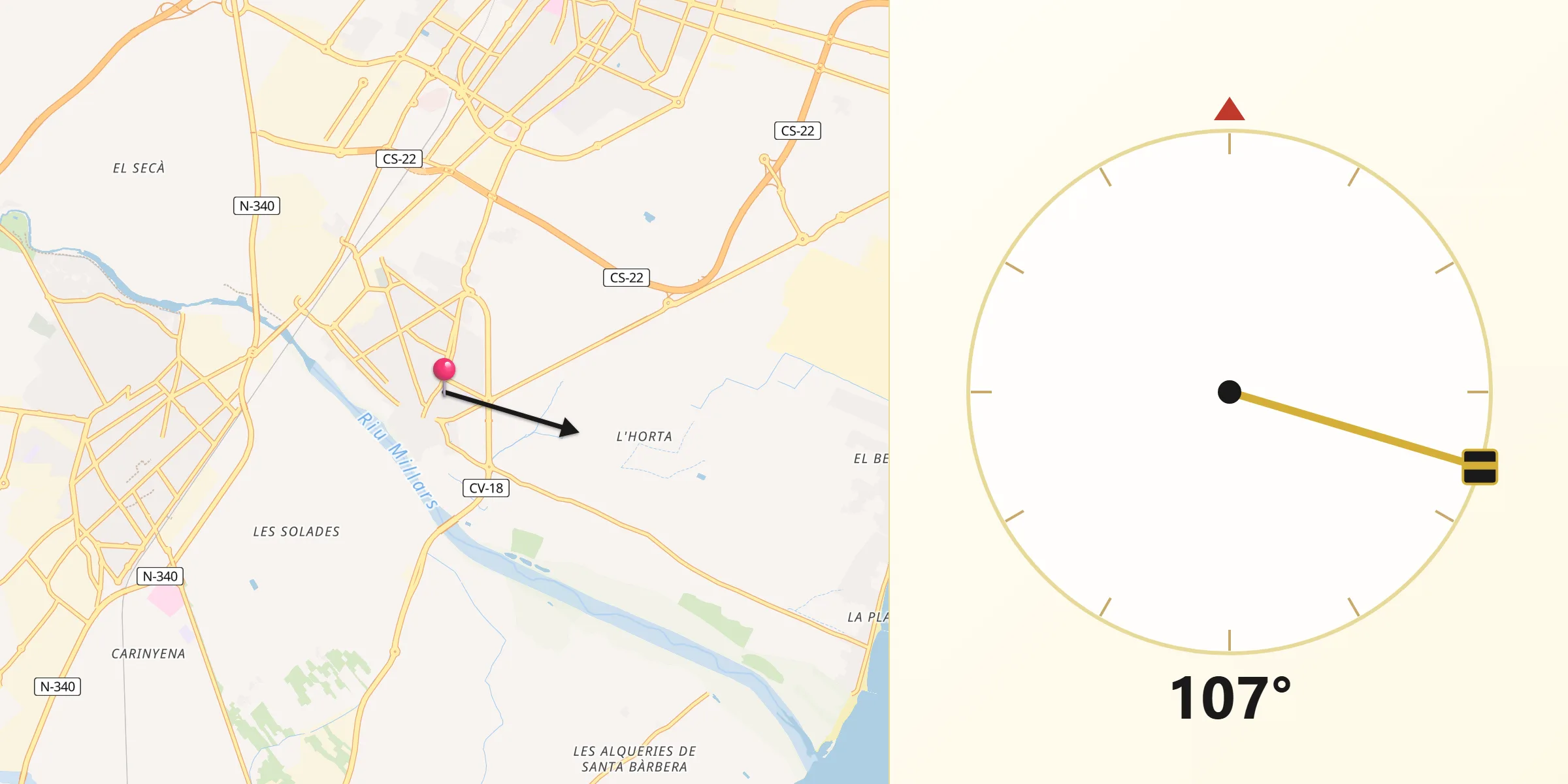 Dirección de la Qibla desde Almazora/Almassora