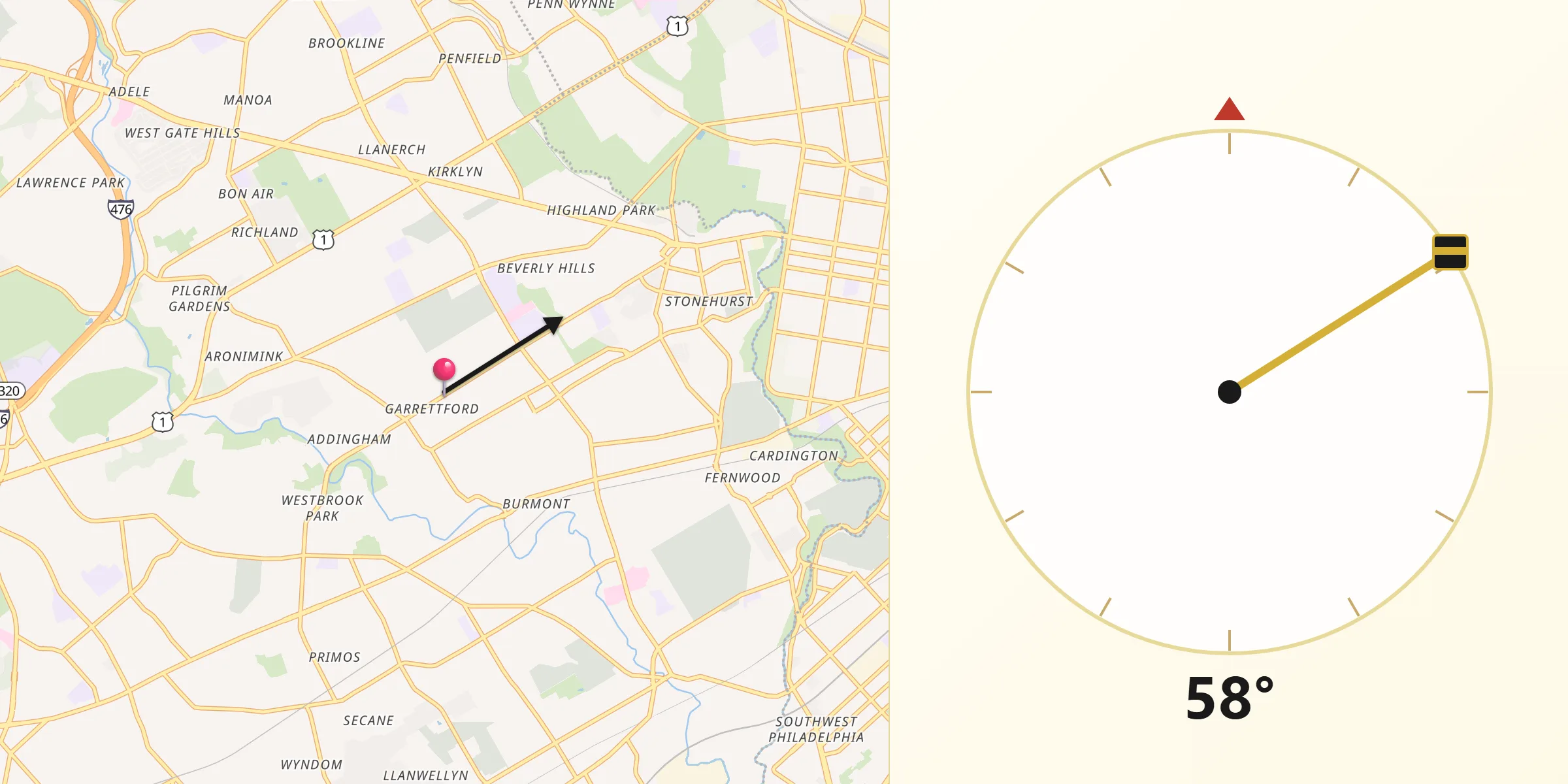 Qibla Direction from Drexel Hill