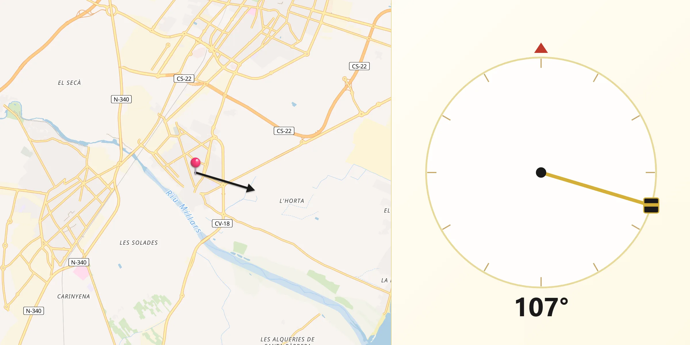 Dirección de la Qibla desde Almazora