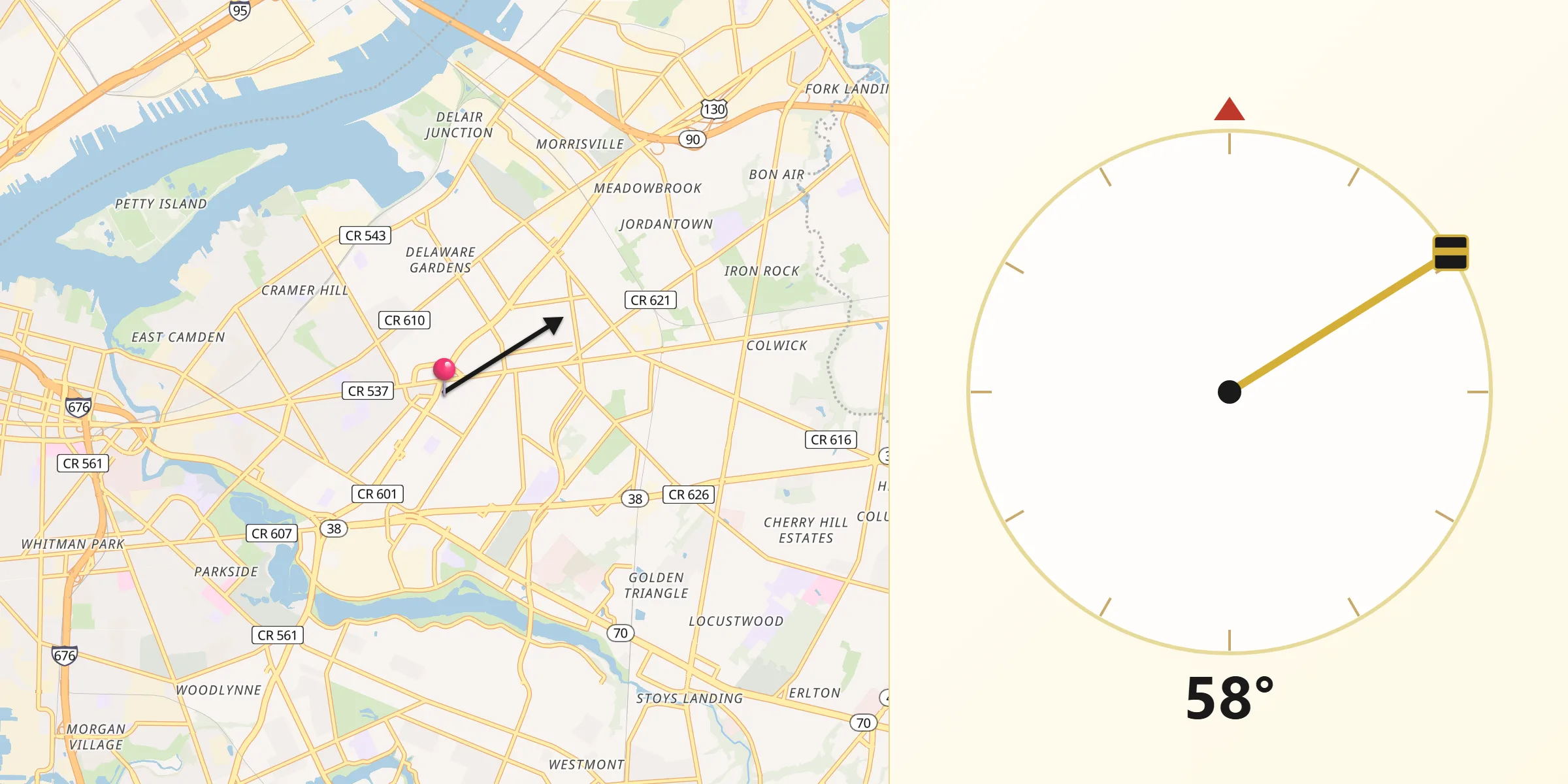 Qibla Direction from Merchantville
