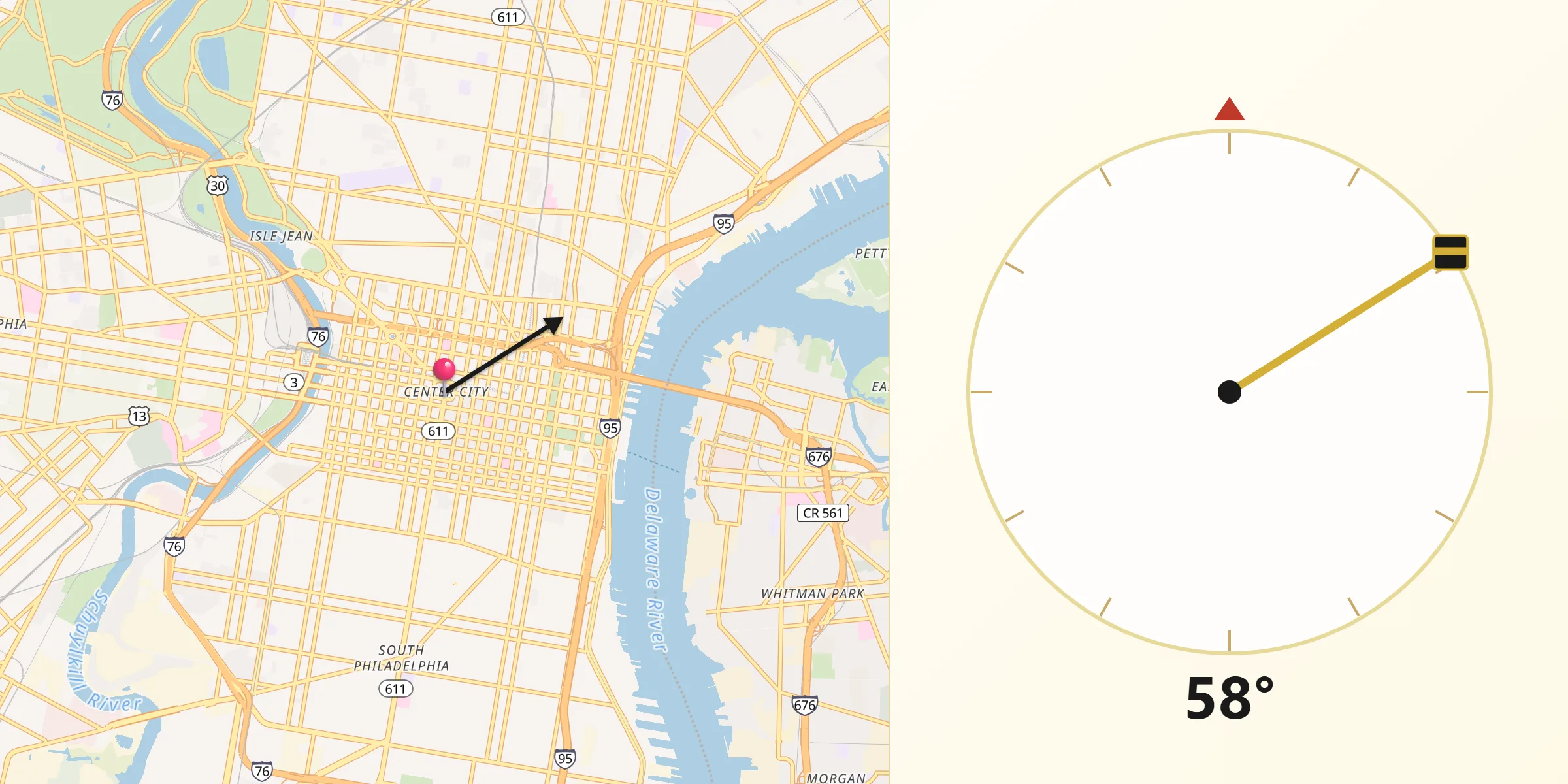 Dirección de la Qibla desde Filadelfia