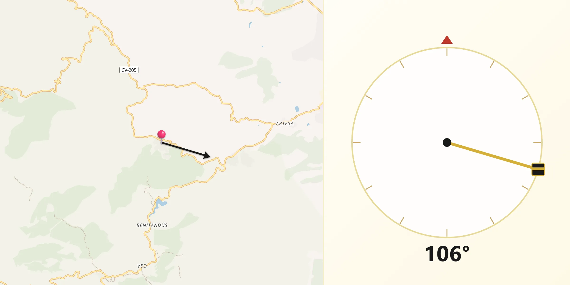 Dirección de la Qibla desde Sueras/Suera