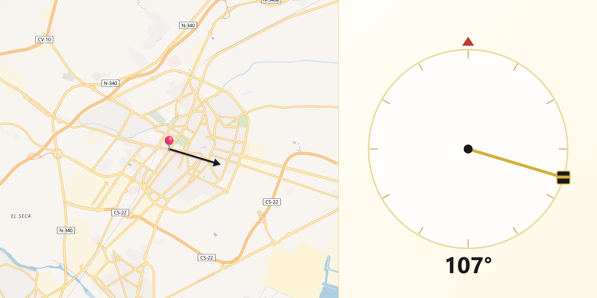 Dirección de la Qibla desde La Mata de Morella