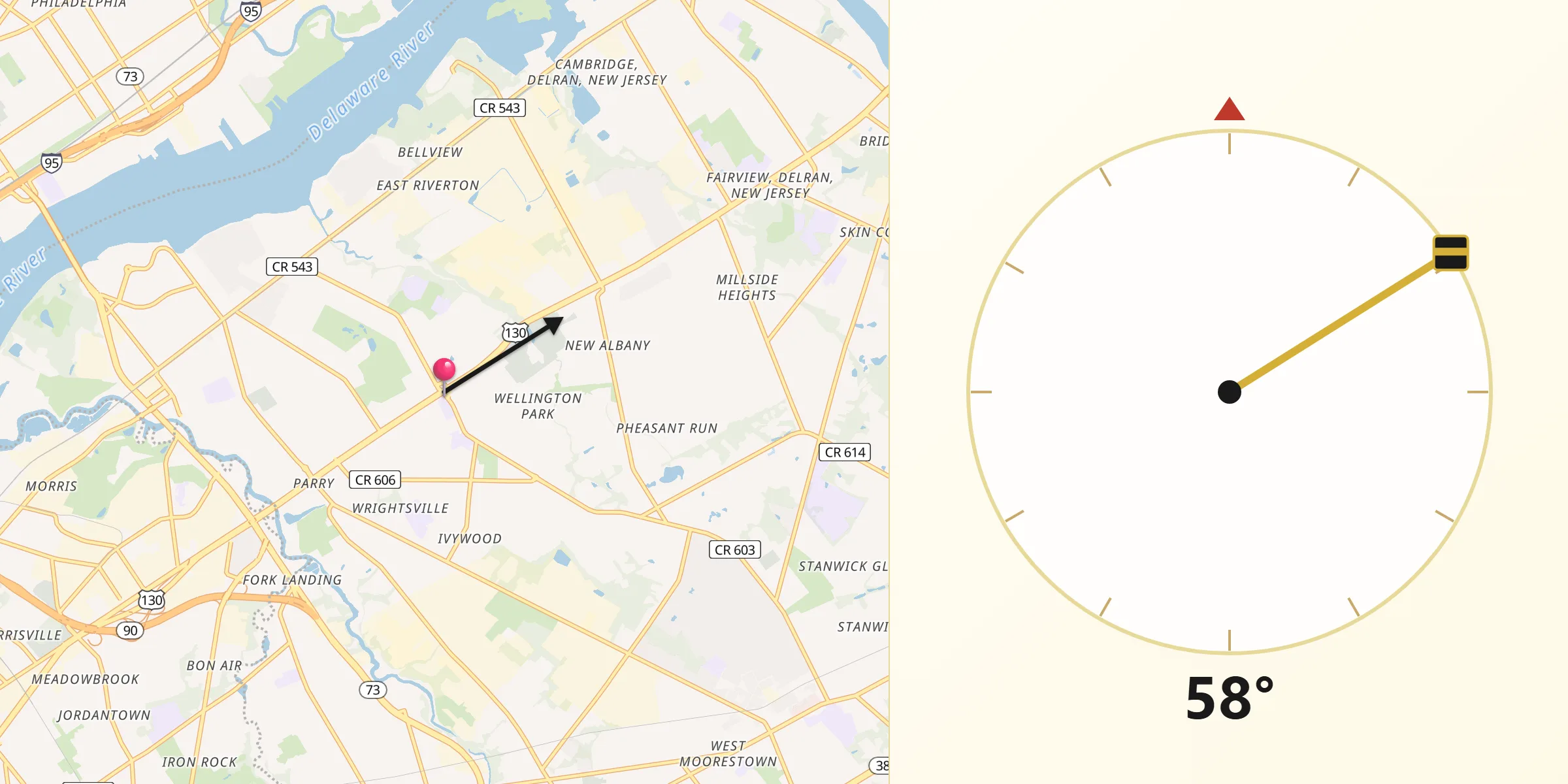 Qibla Direction from Cinnaminson