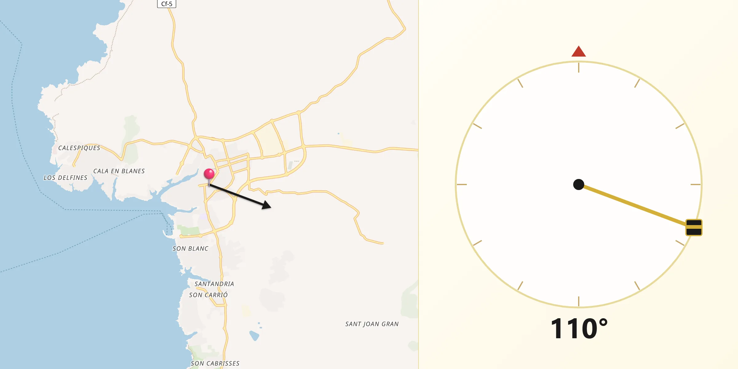 Dirección de la Qibla desde Ciutadella de Menorca