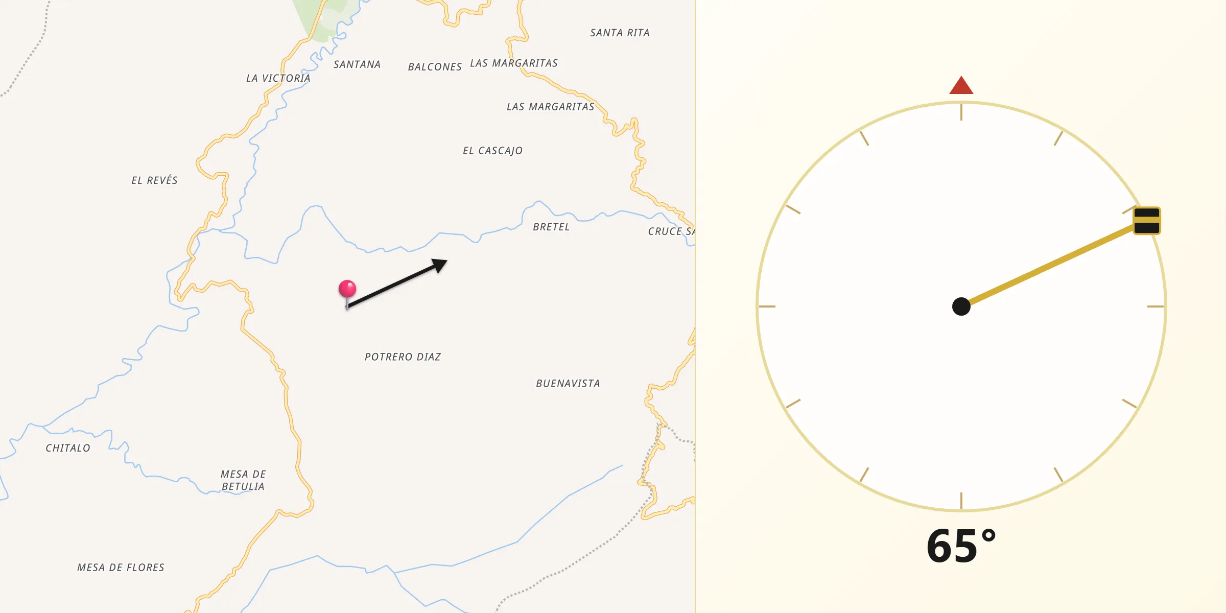 Dirección de la Qibla desde Cunday