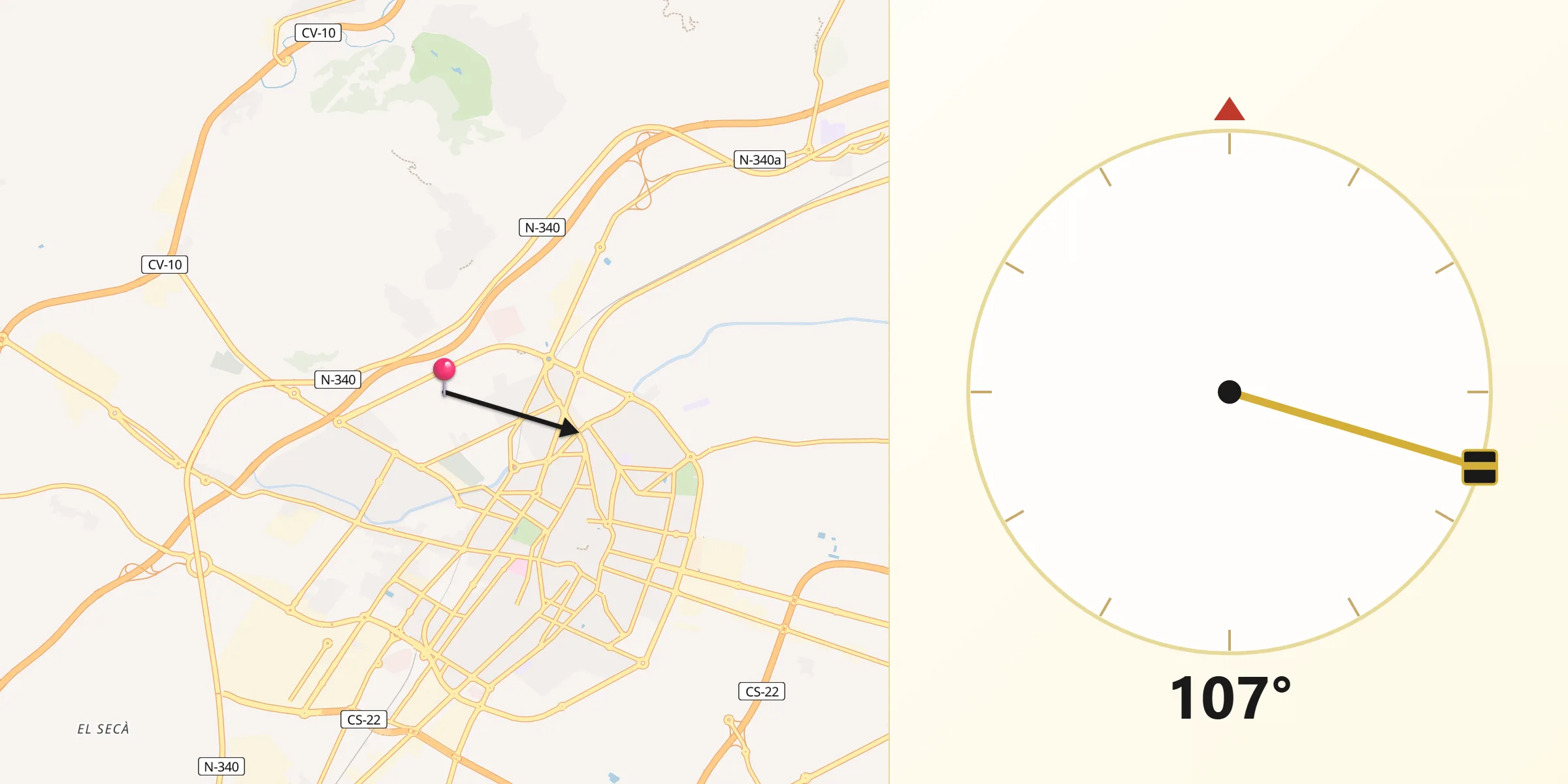 Dirección de la Qibla desde Castellón de la Plana/Castelló de la Plana