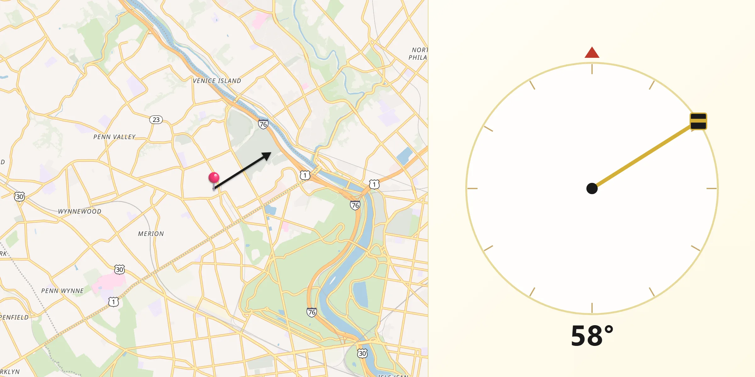 Qibla Direction from Bala-Cynwyd