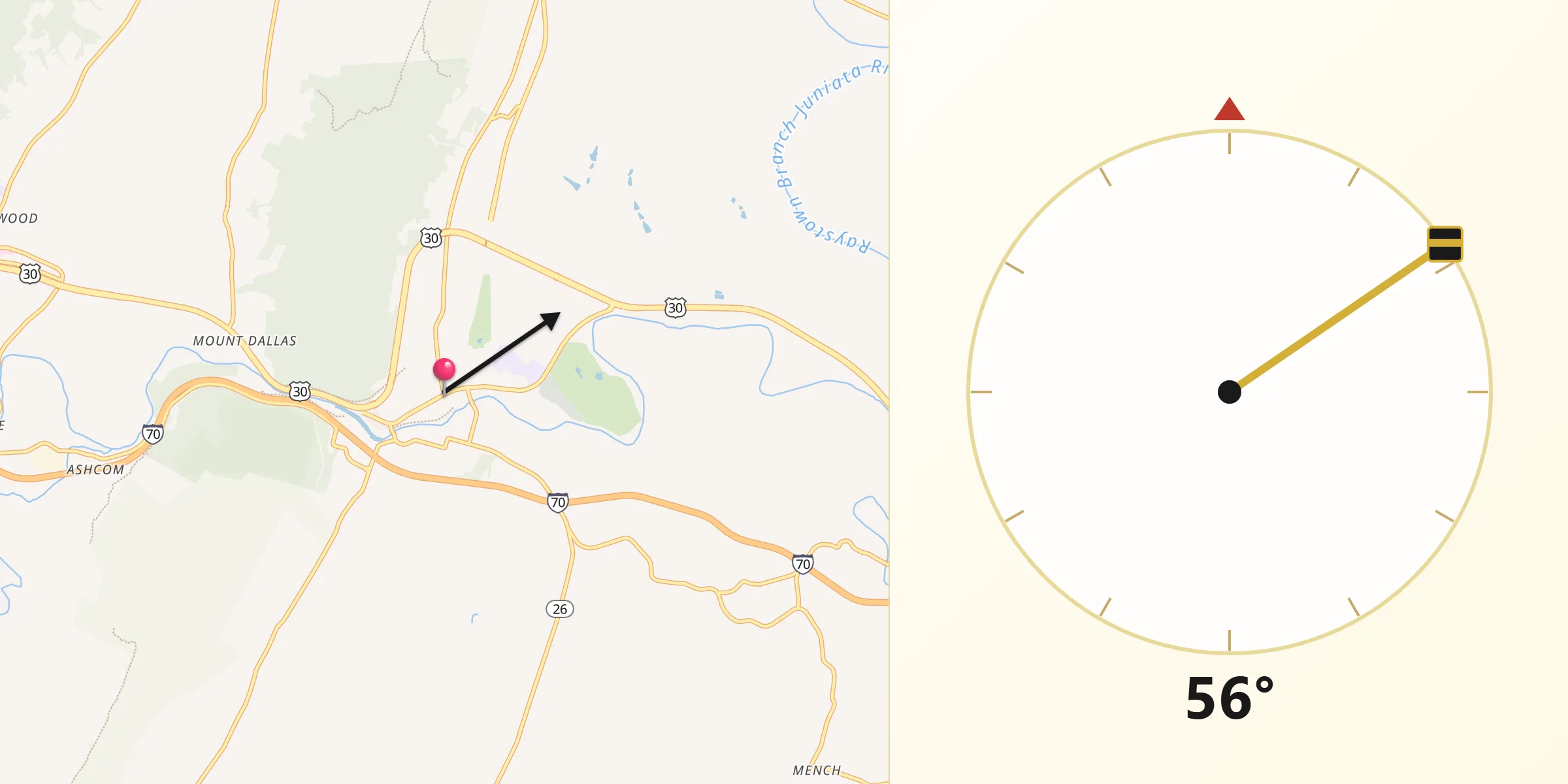 Dirección de la Qibla desde Everett