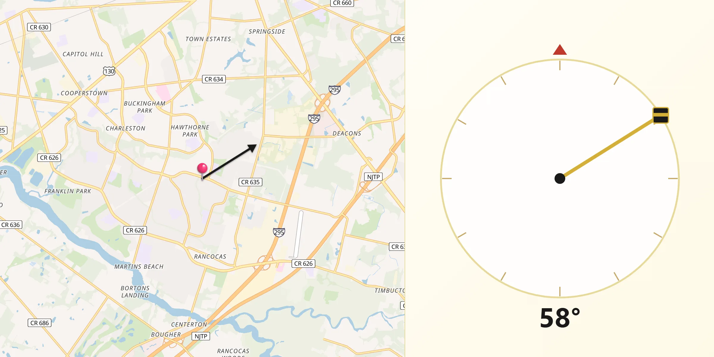 Qibla Direction from Willingboro