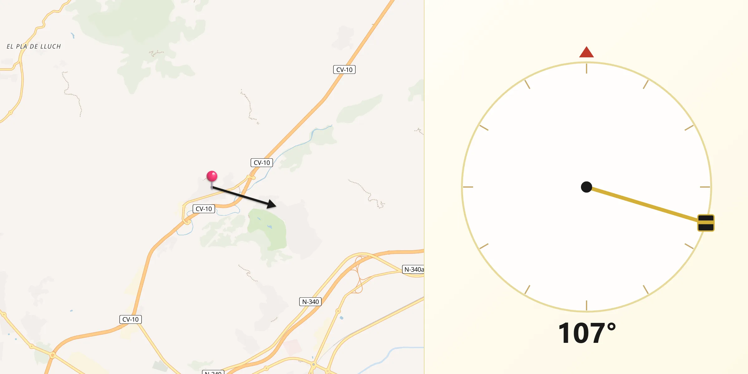 Dirección de la Qibla desde Borriol