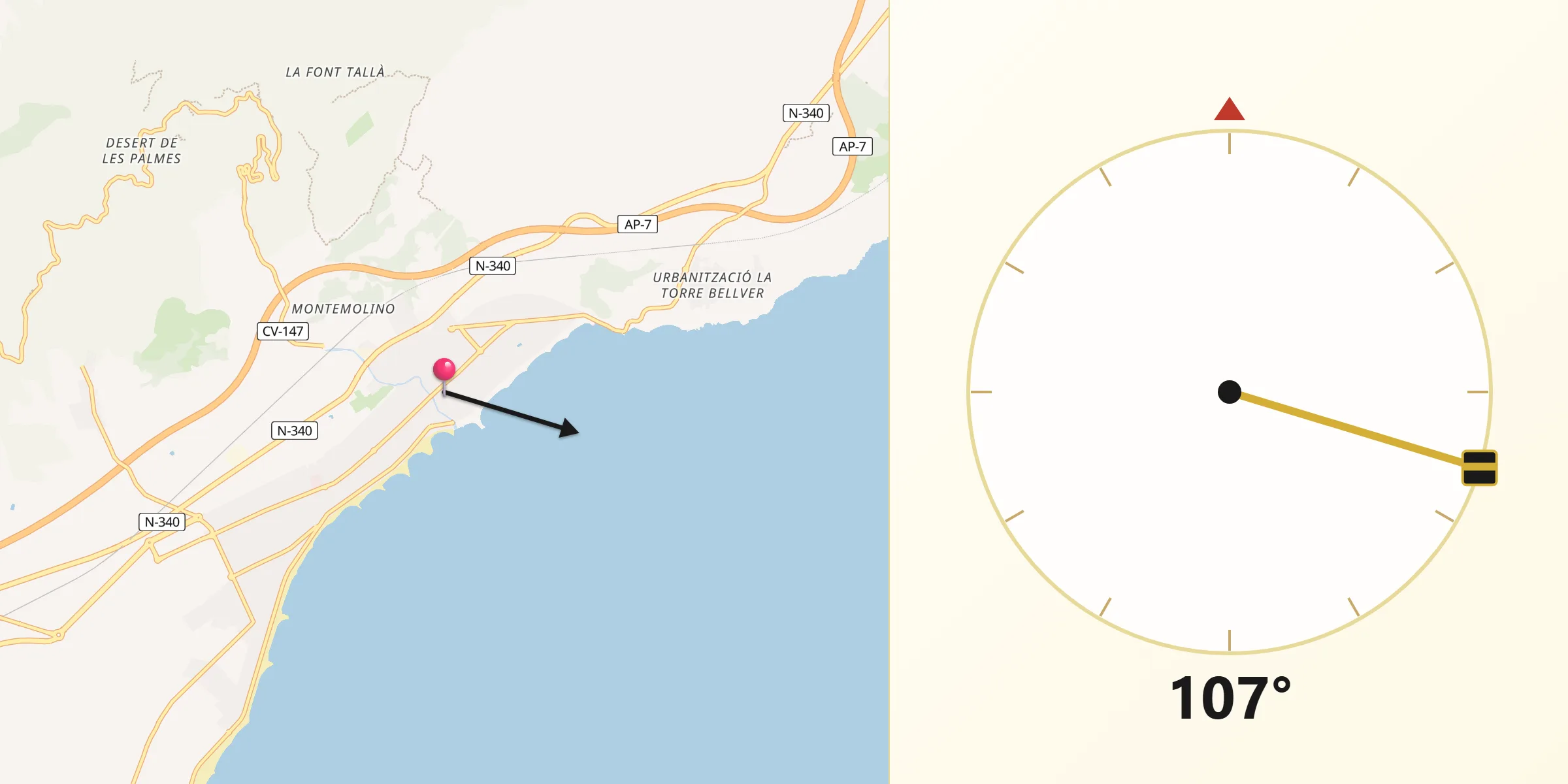 Dirección de la Qibla desde Benicásim