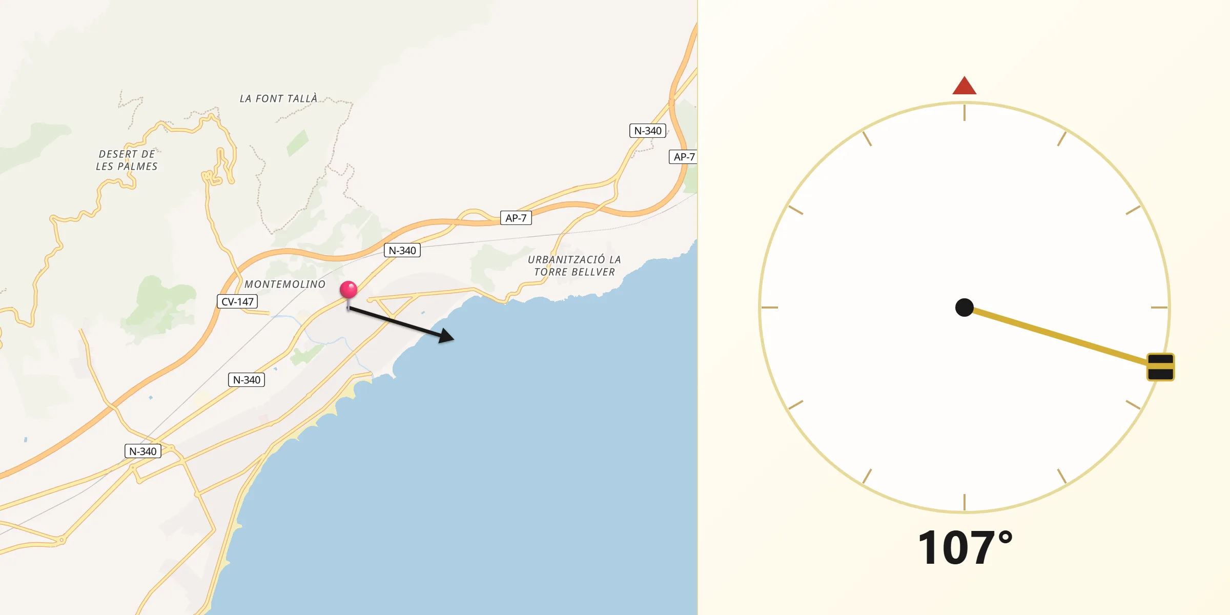 Dirección de la Qibla desde Benicasim/Benicàssim