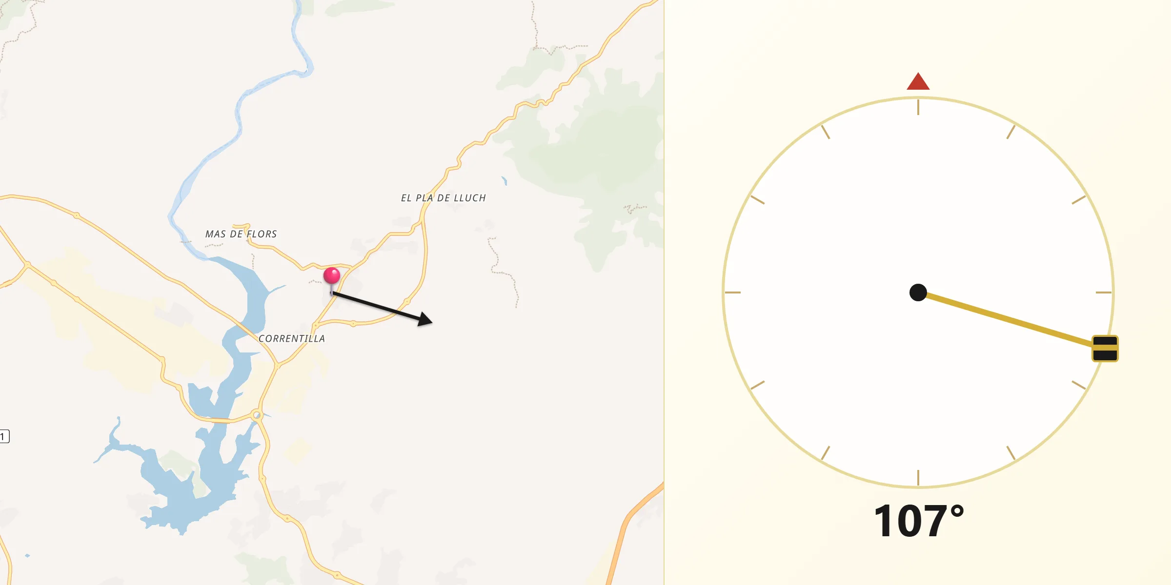Dirección de la Qibla desde Sant Joan de Moró