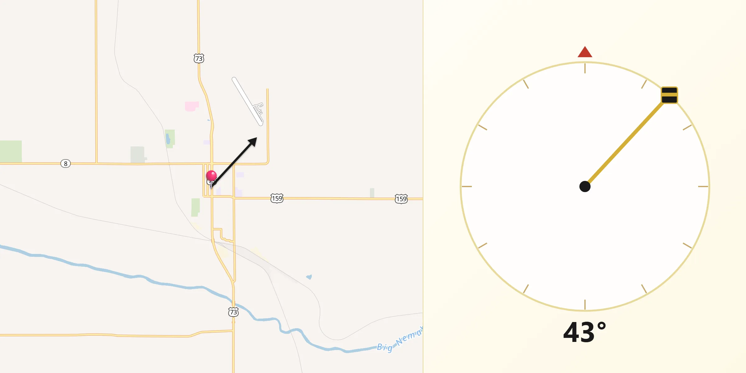 Qibla Direction from Falls City