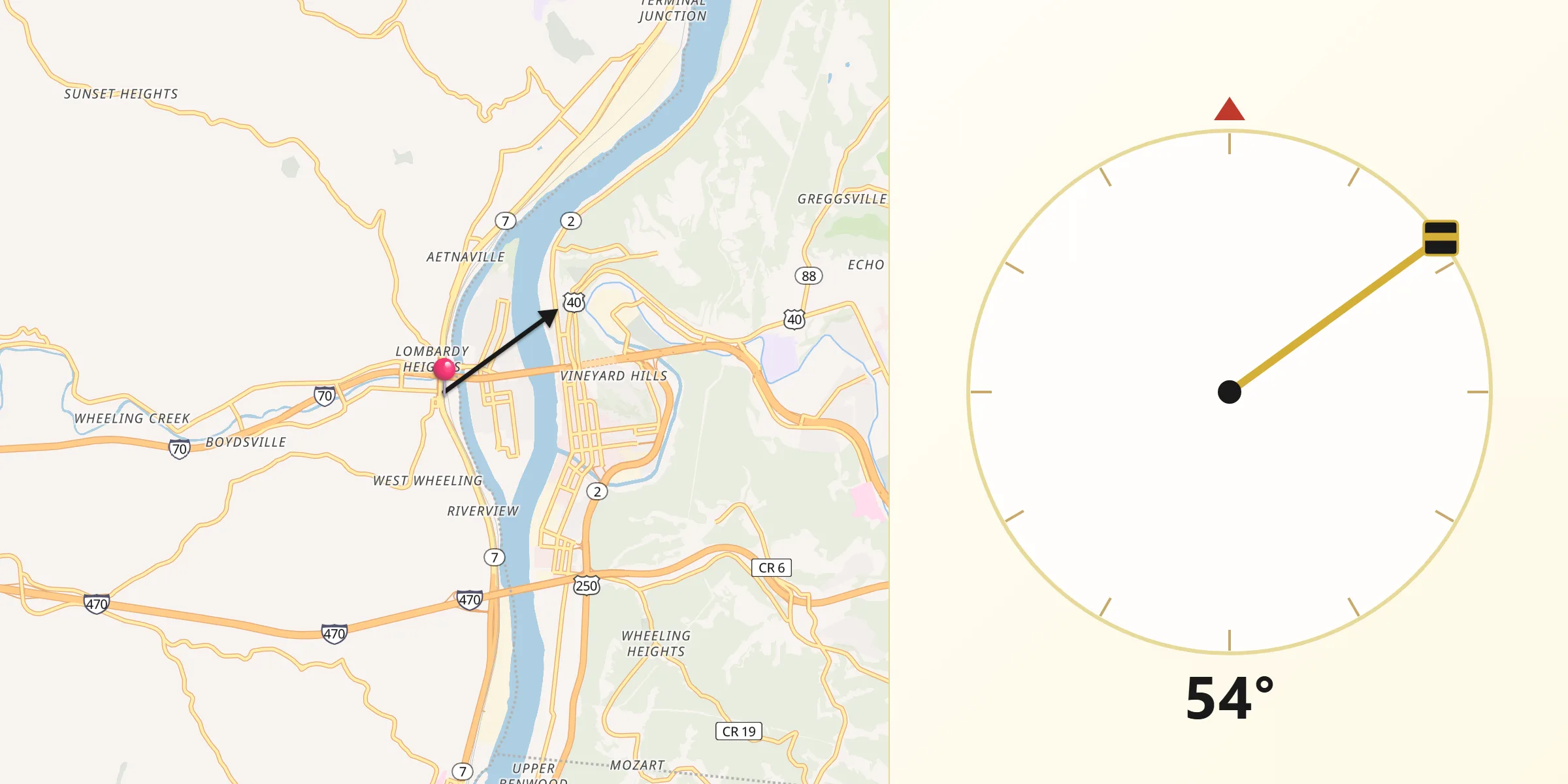 Dirección de la Qibla desde Bridgeport