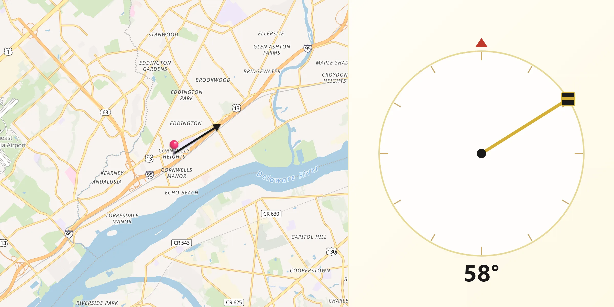 Qibla Direction from Cornwells Heights