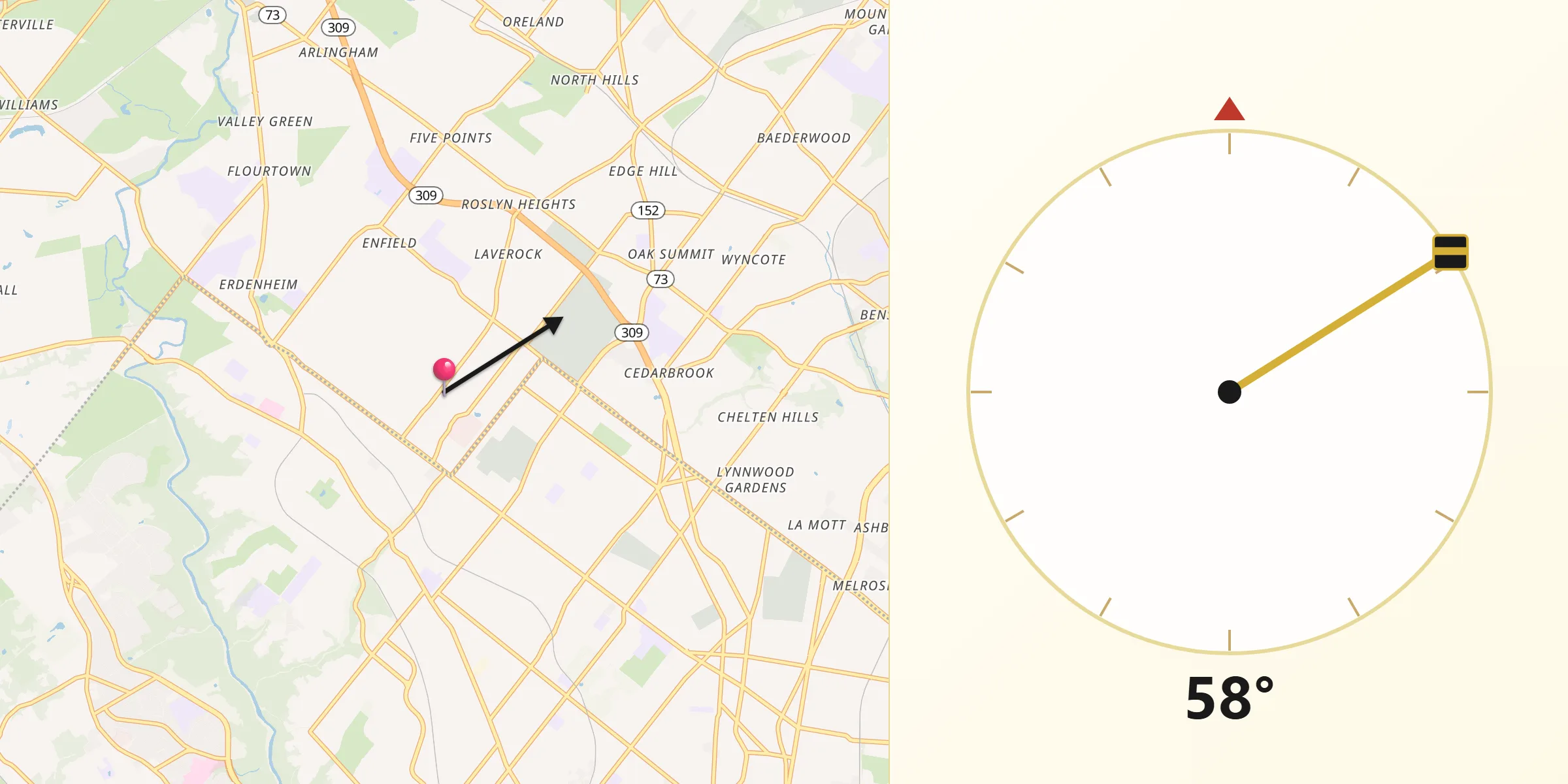 Qibla Direction from Wyndmoor