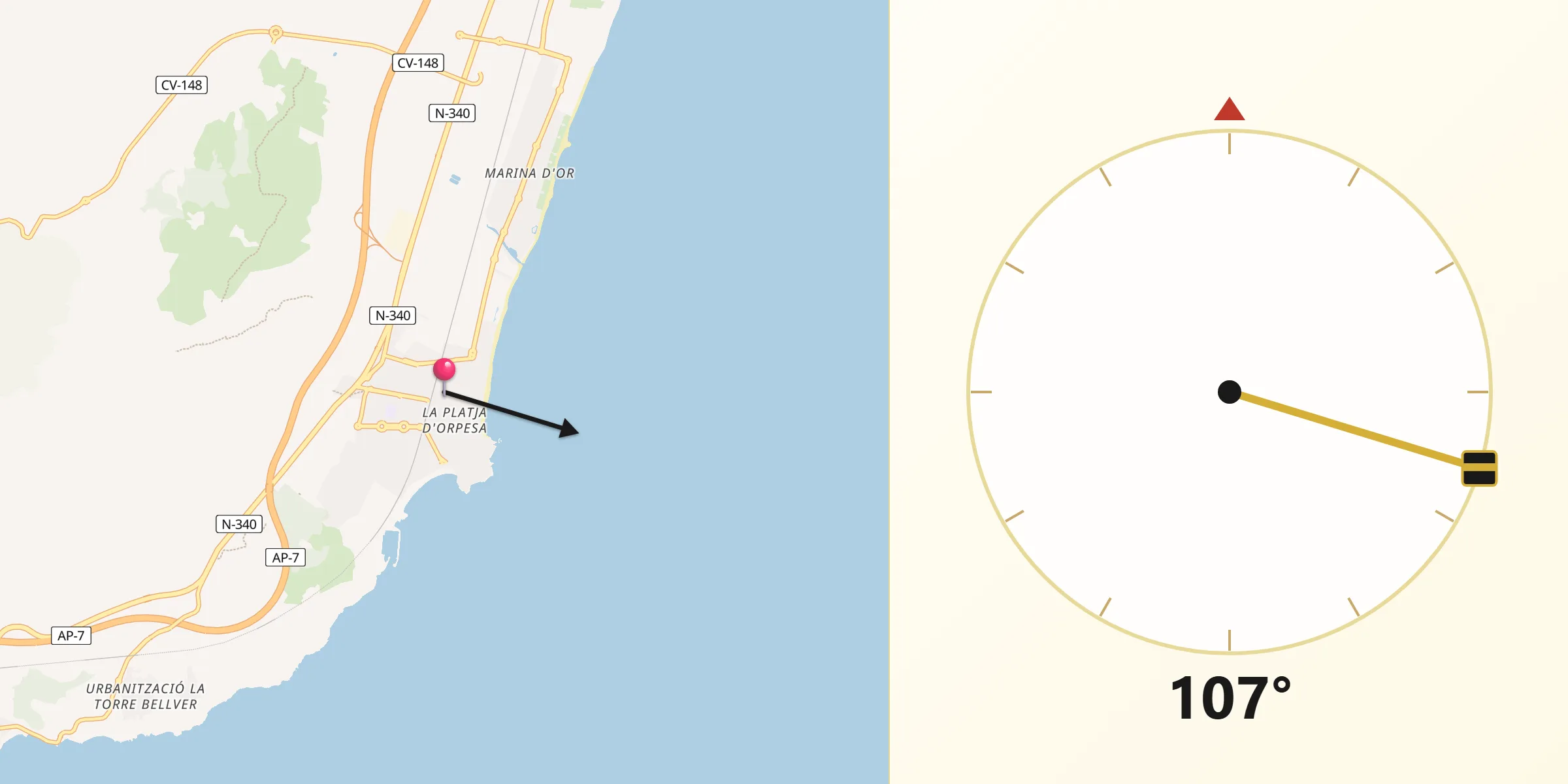 Dirección de la Qibla desde Oropesa del Mar