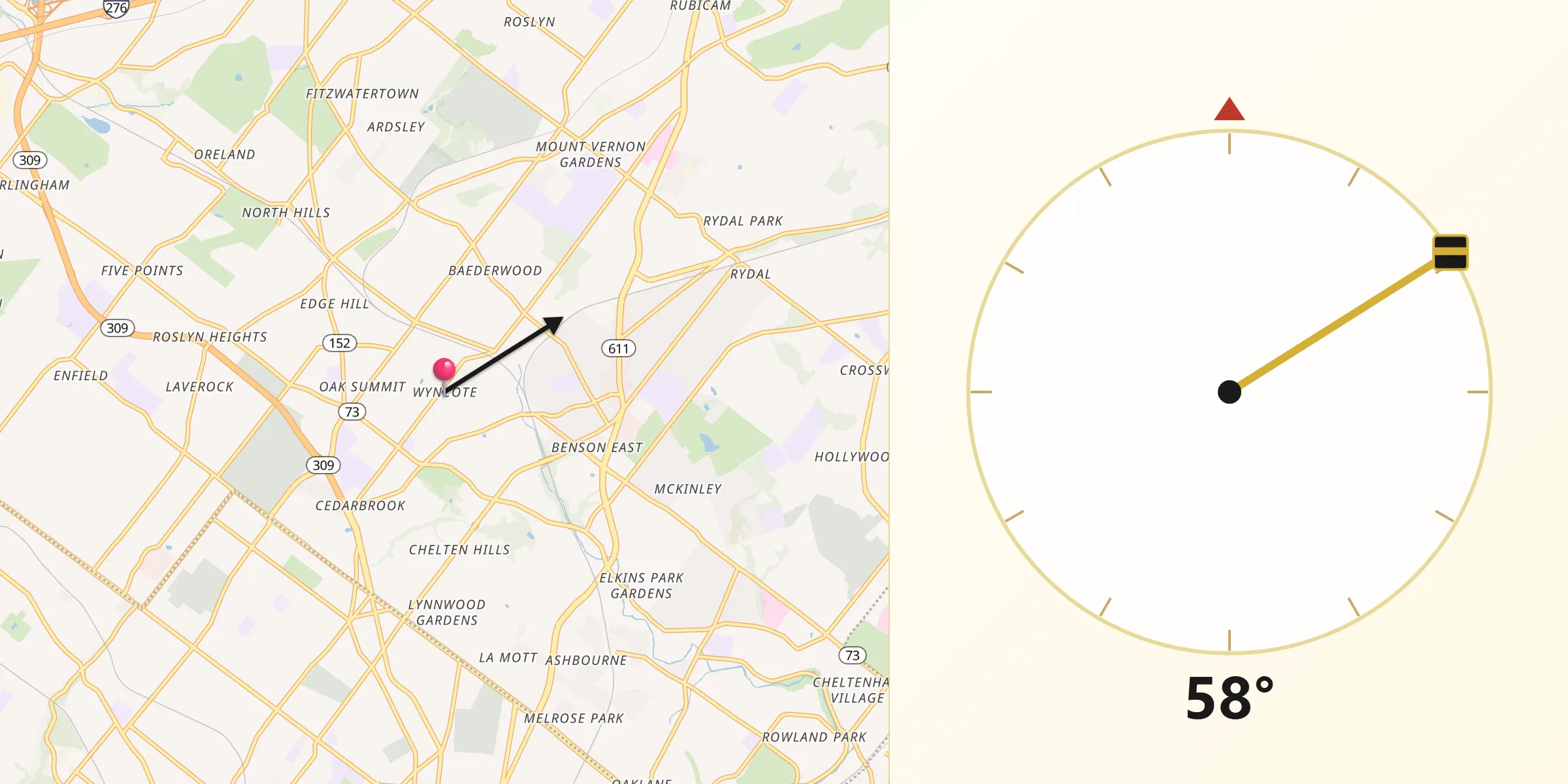 Qibla Direction from Wyncote