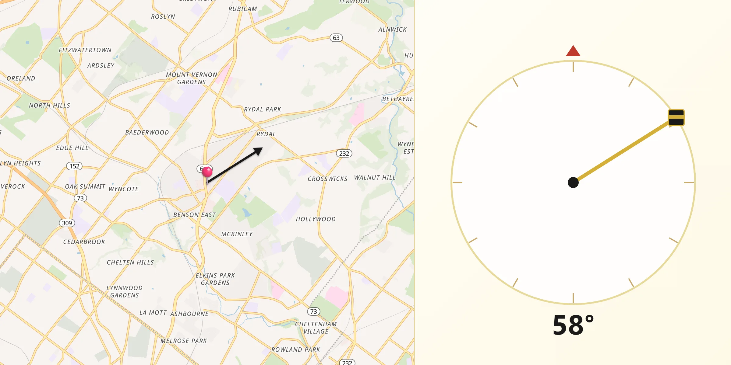 Qibla Direction from Jenkintown