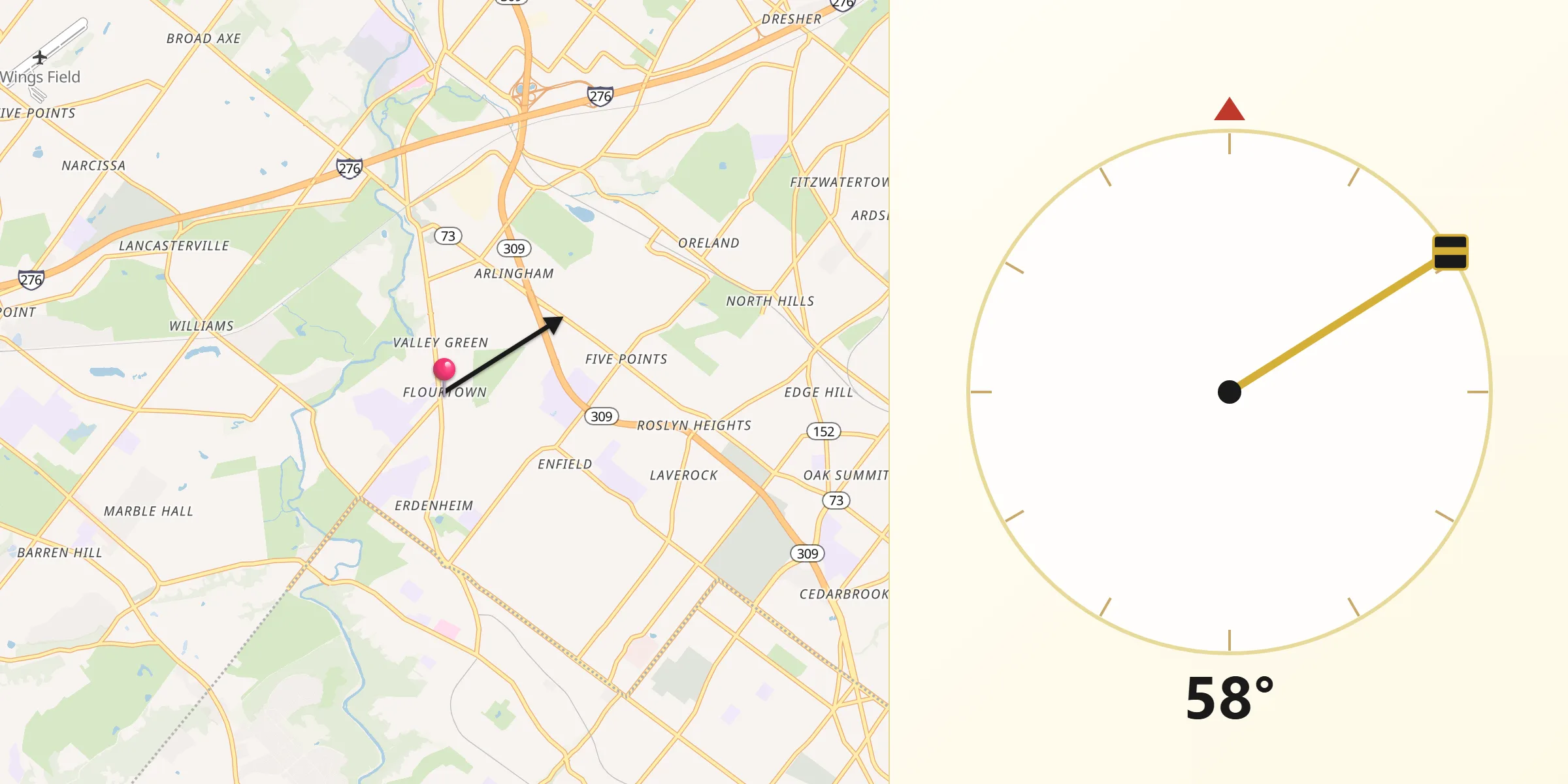 Qibla Direction from Flourtown