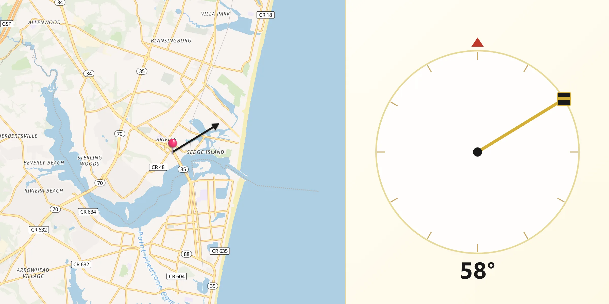 Qibla Direction from Brielle