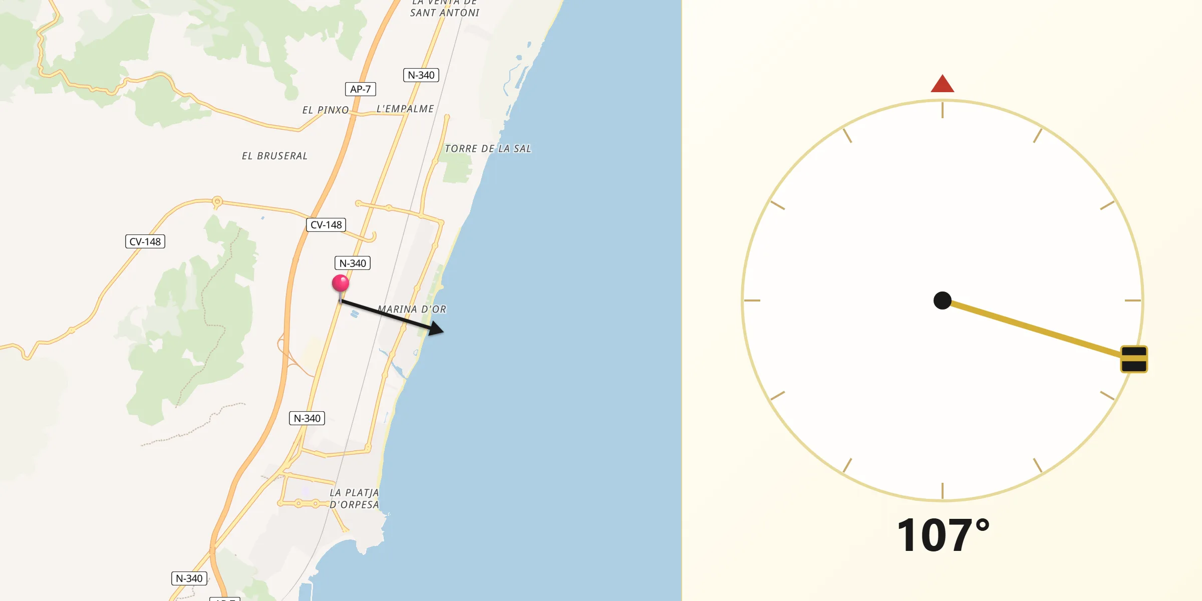 Dirección de la Qibla desde Oropesa del Mar/Orpesa