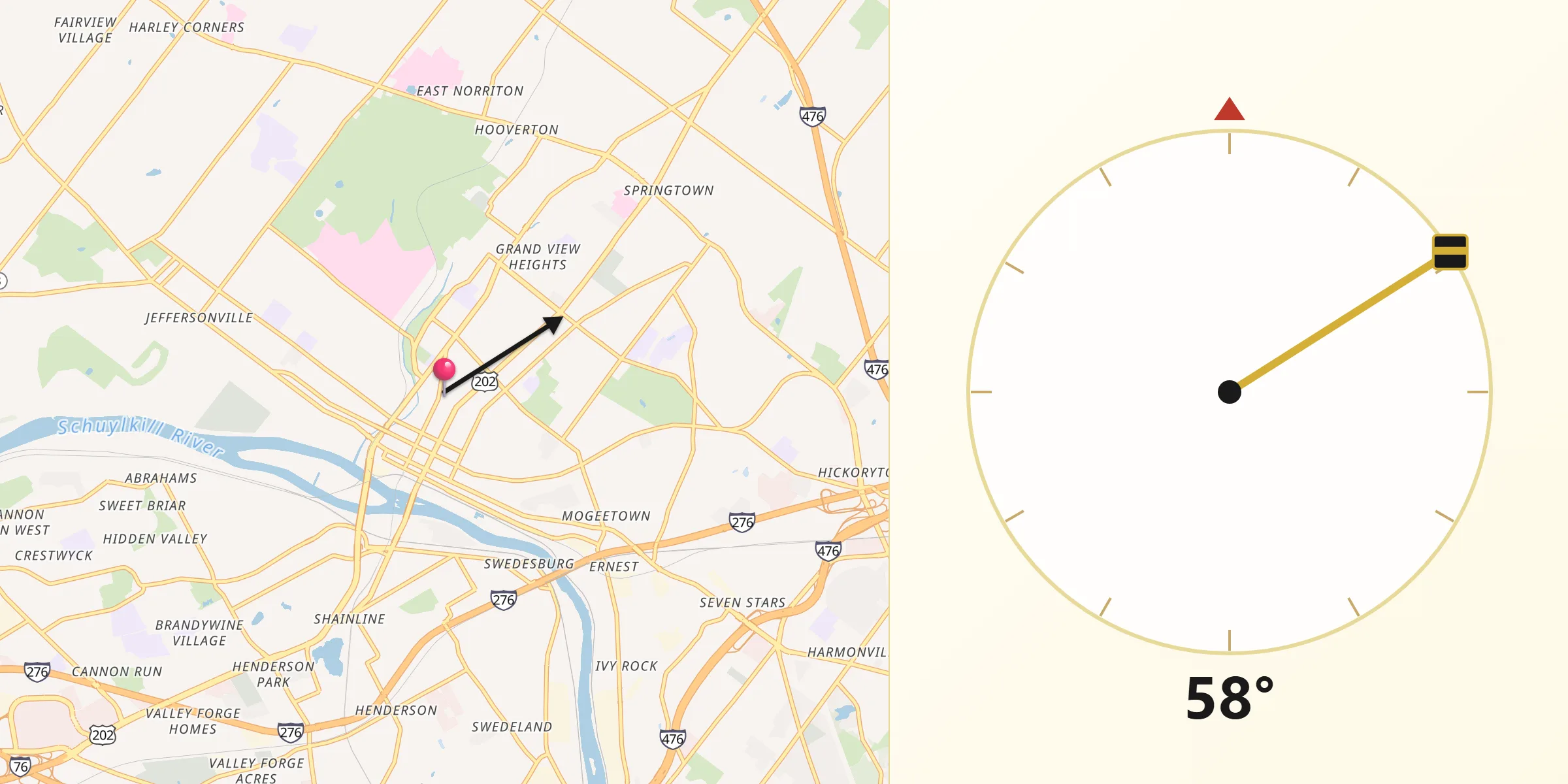 Qibla Direction from Norristown
