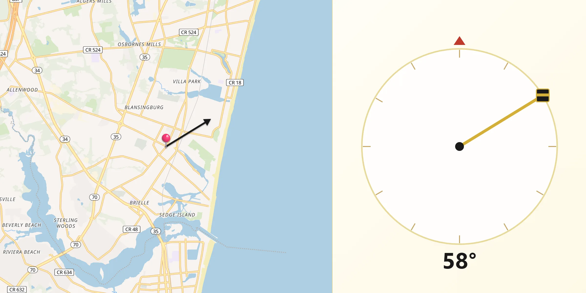Qibla Direction from Manasquan