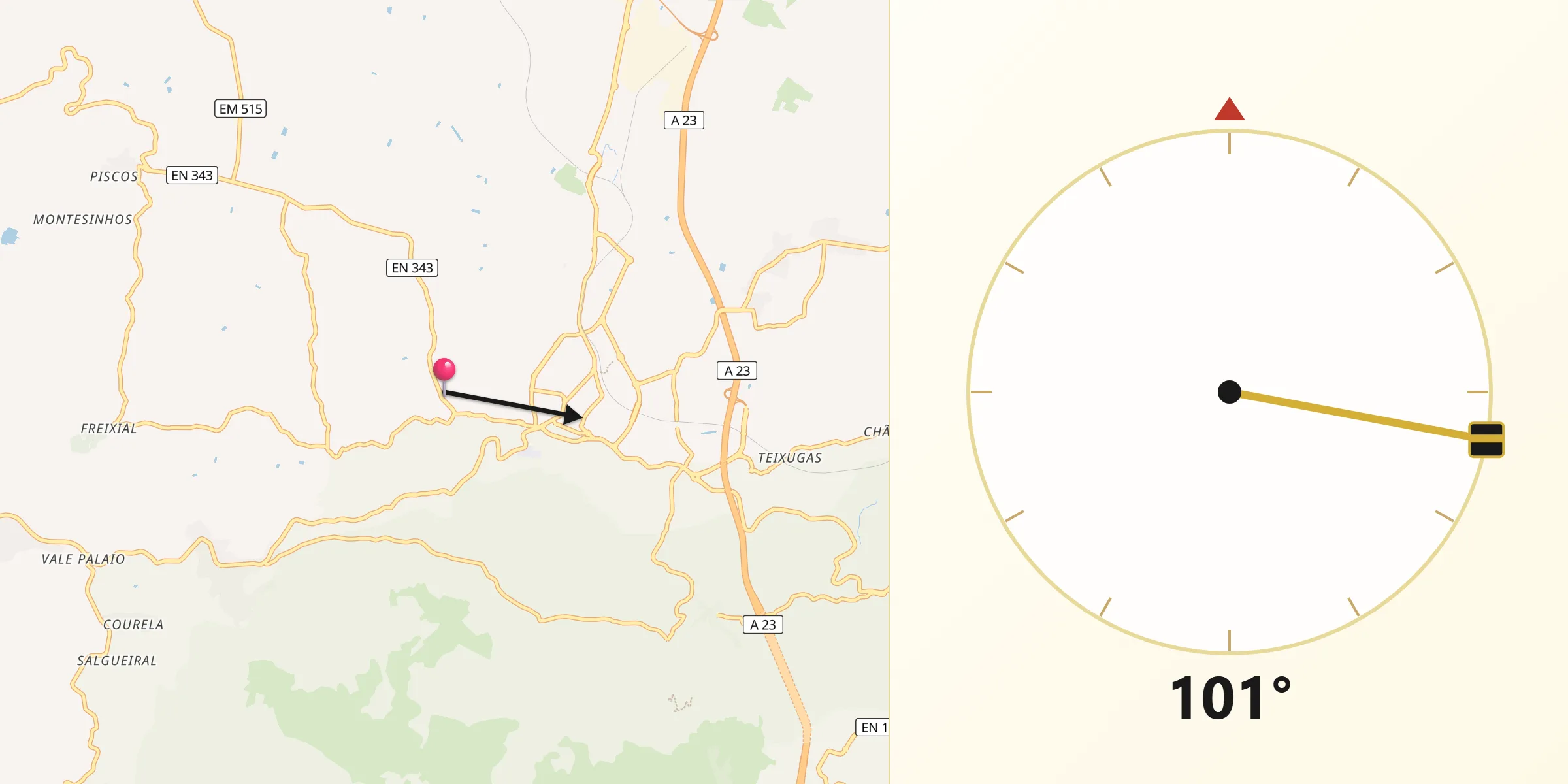 Direção da Qibla a partir de Aldeia de Joanes
