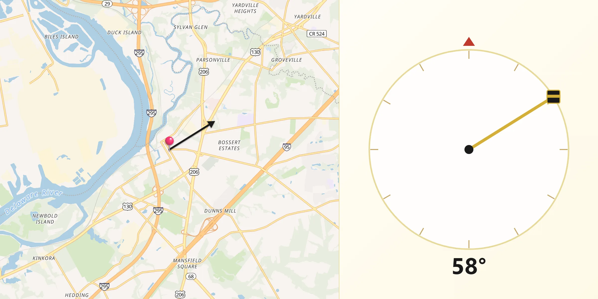 Qibla Direction from Bordentown