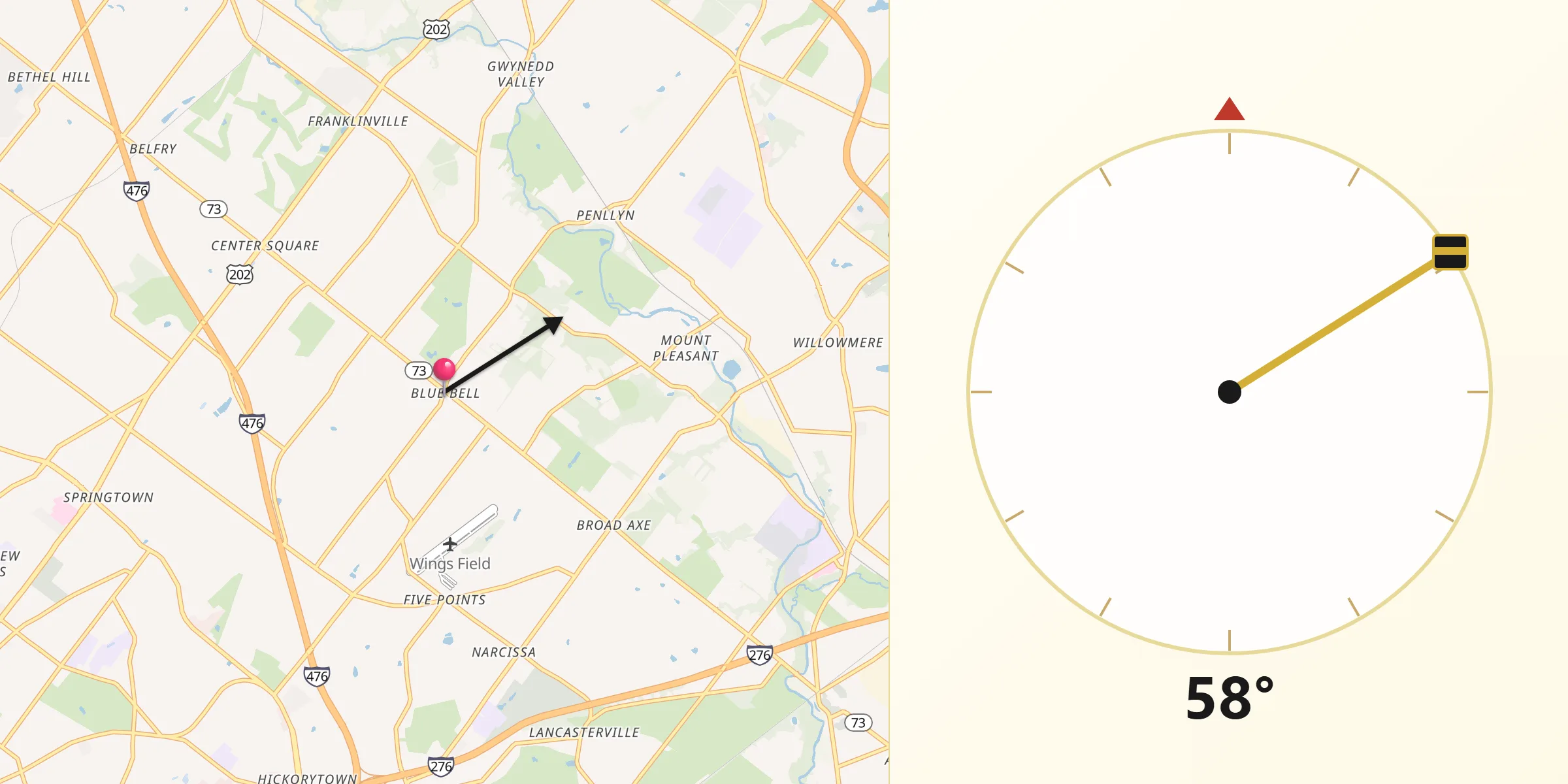Qibla Direction from Blue Bell