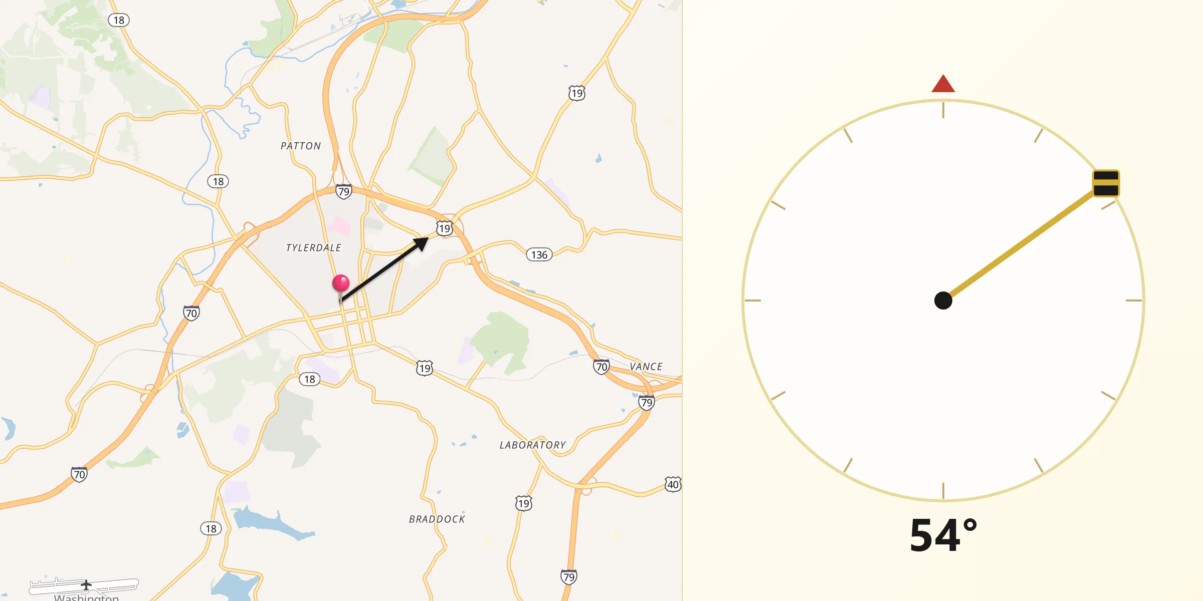 Dirección de la Qibla desde Washington