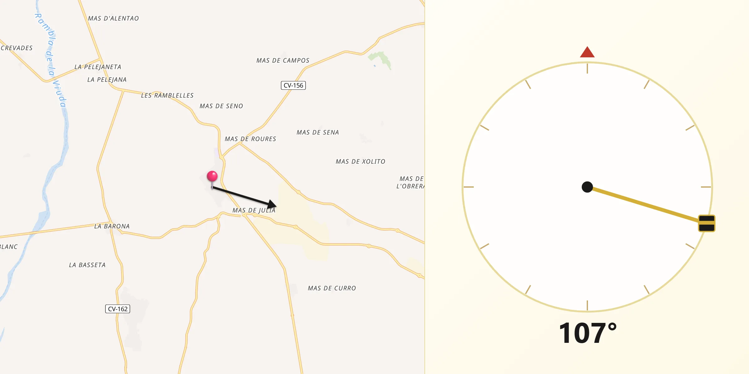 Dirección de la Qibla desde Vall d'Alba