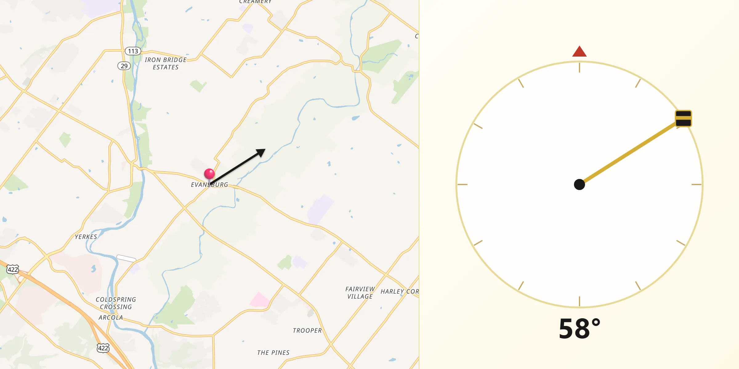 Qibla Direction from Evansburg