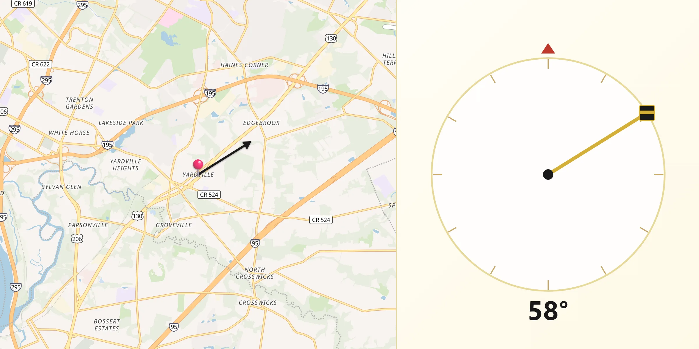 Qibla Direction from Yardville