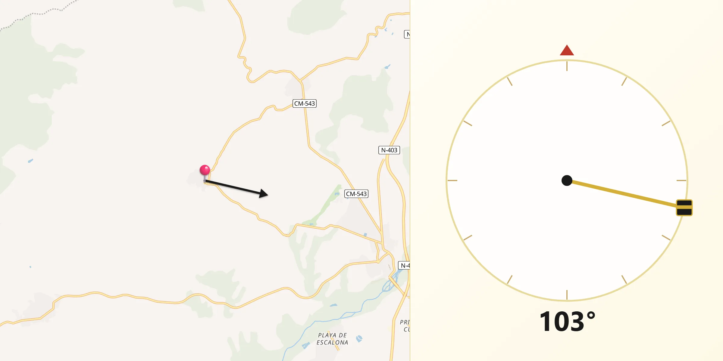 Dirección de la Qibla desde Aldea en Cabo