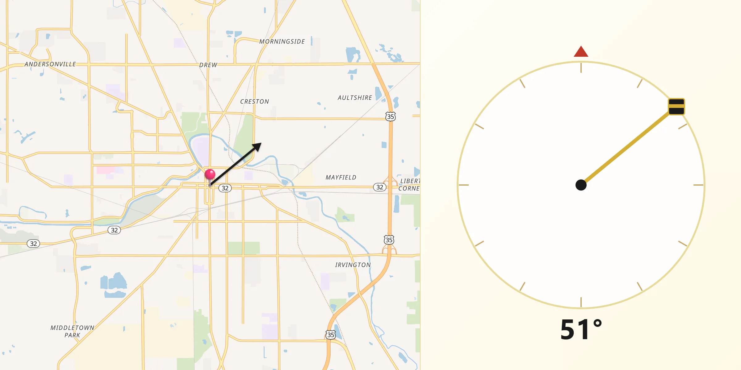 Qibla Direction from Muncie