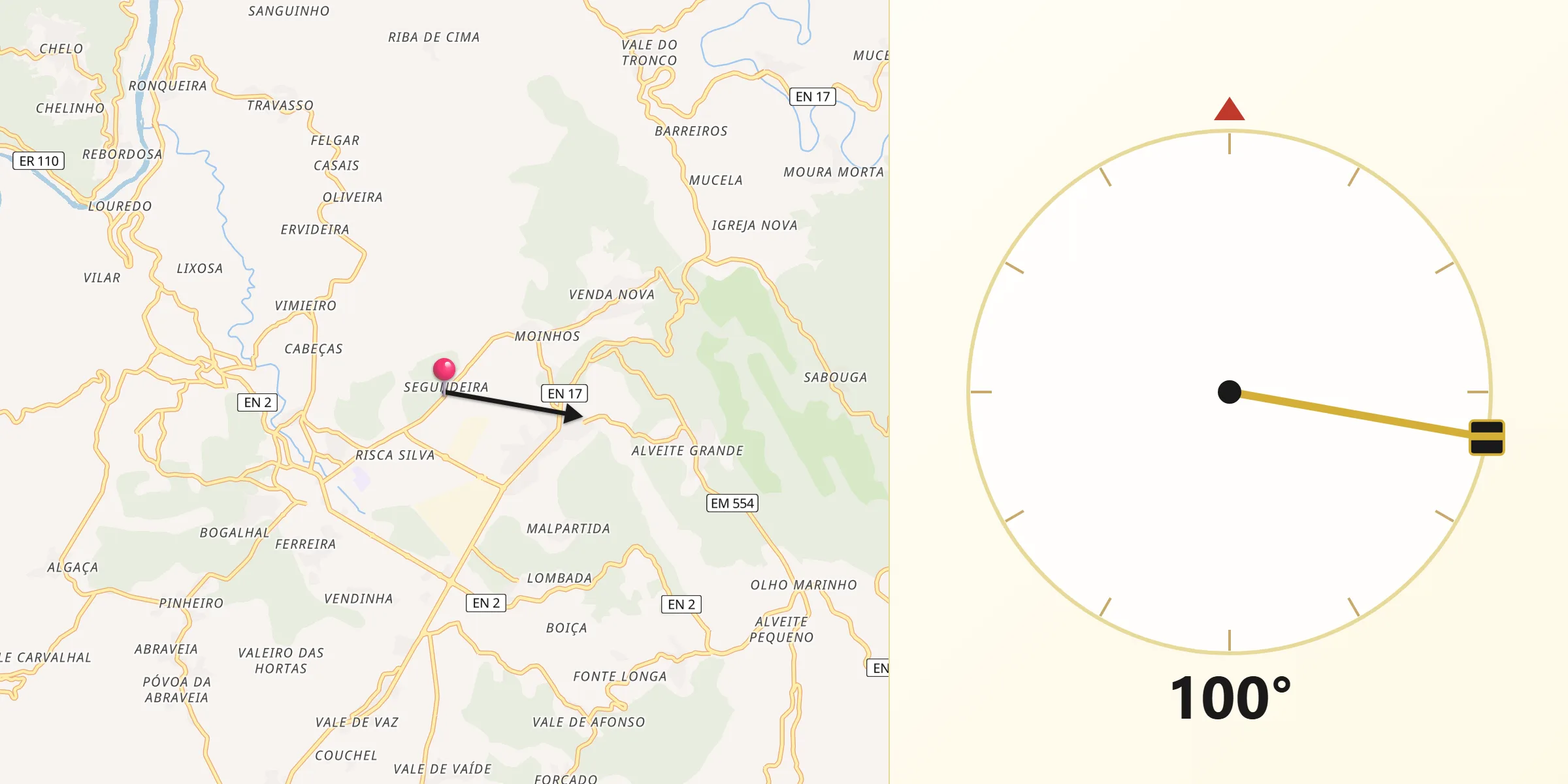Direção da Qibla a partir de Vila Nova de Poiares