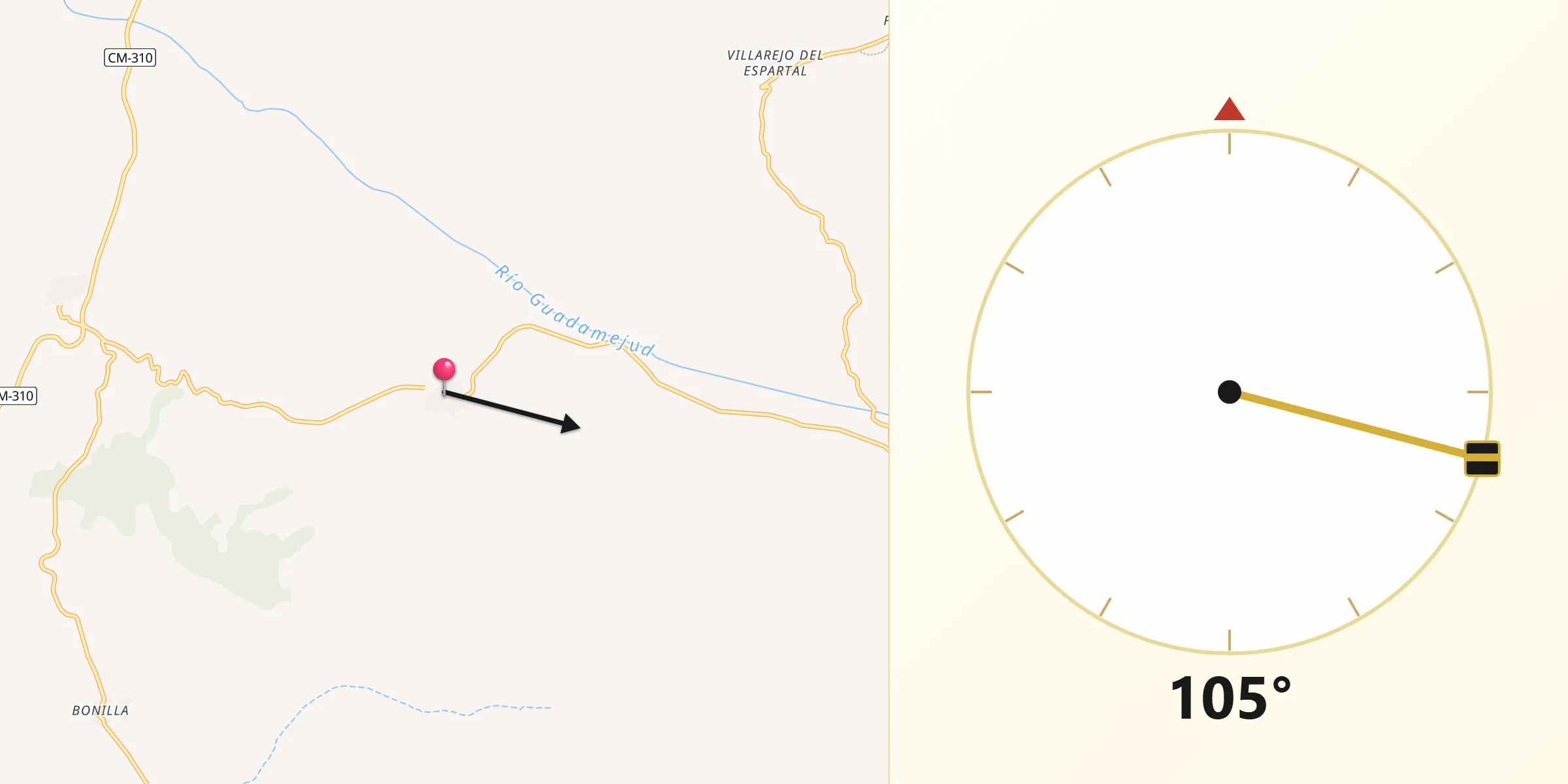 Dirección de la Qibla desde Villanueva de Guadamejud